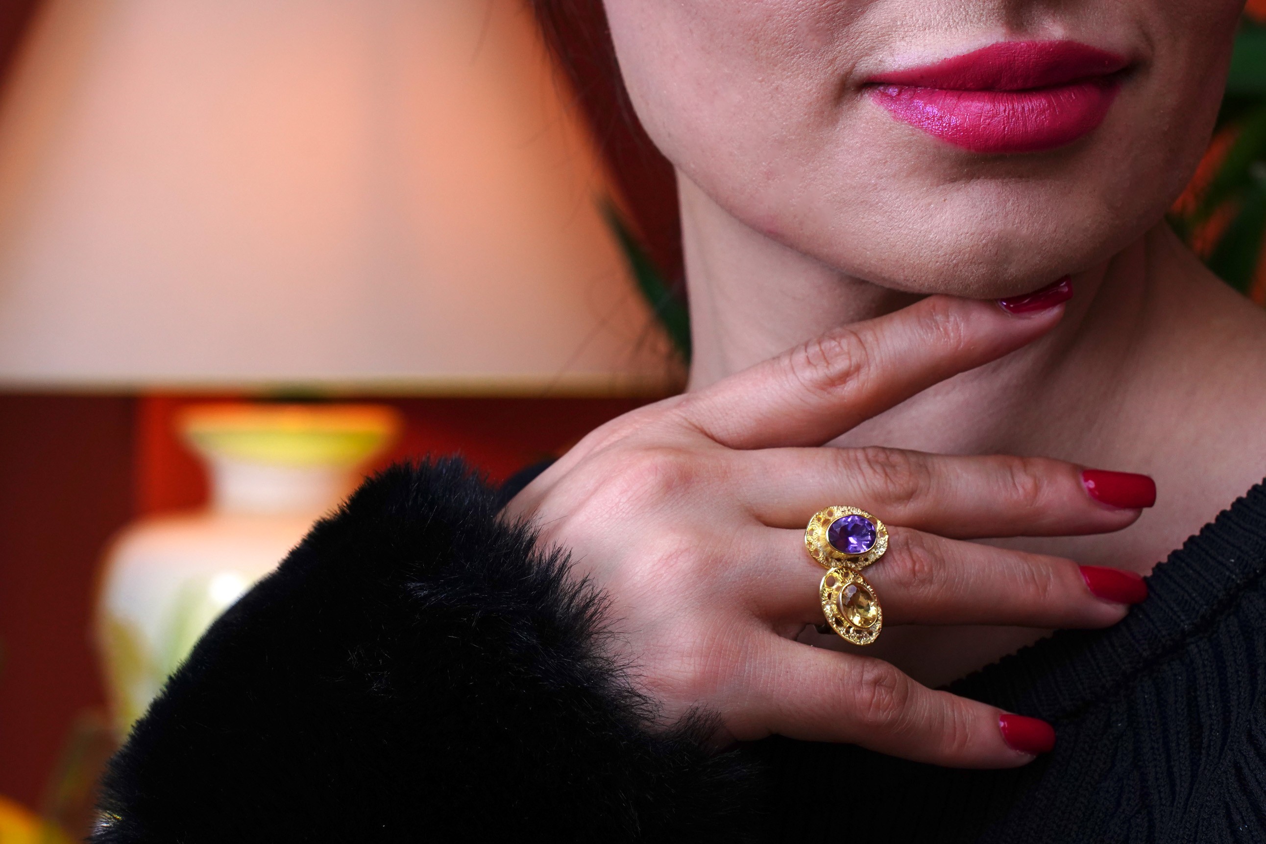 "Celestial Orbit" – Amethyst & Citrine Taşlı 18K Altın Kaplama Yüzük 0 image