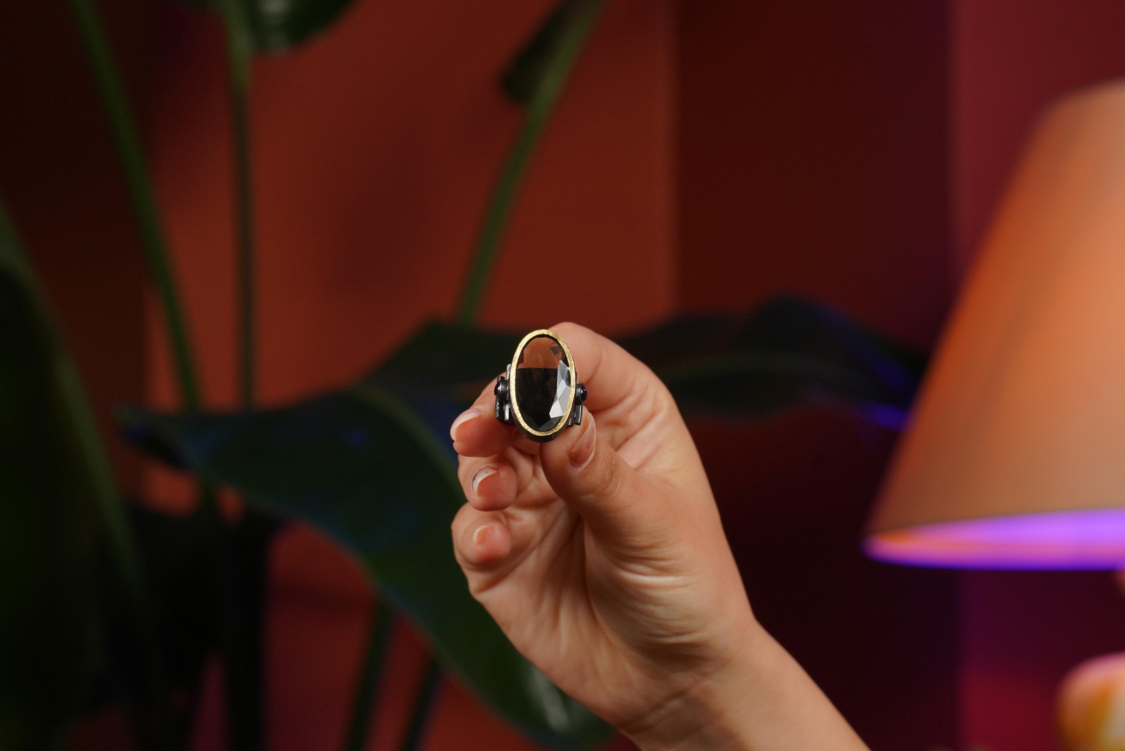 NoirMyst 995 K Altın & 925 K Gümüş Smoky Quartz-Ametist Statement Yüzük 0 image