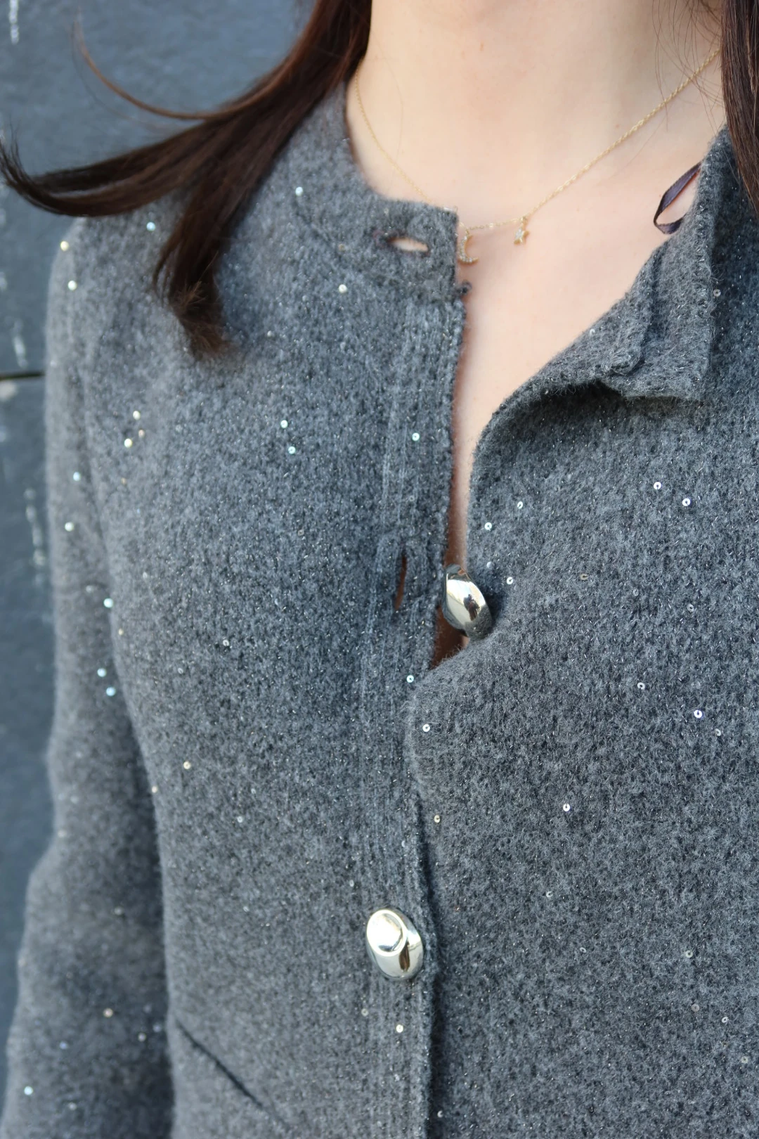 Bisiklet Yaka Pullu Simli Düğmeli Triko Hırka