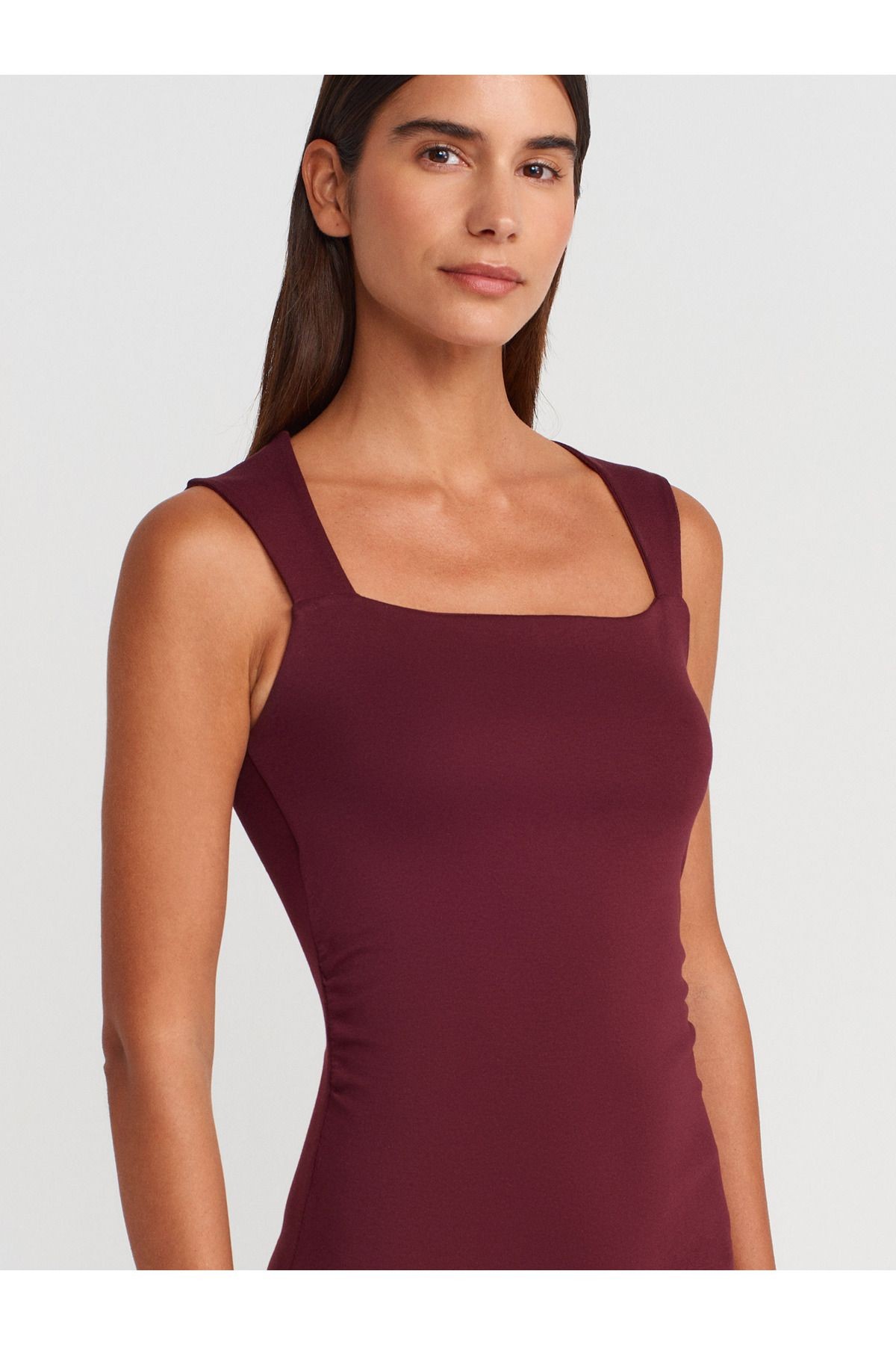 91460 Kare Yaka Midi Elbise-bordo