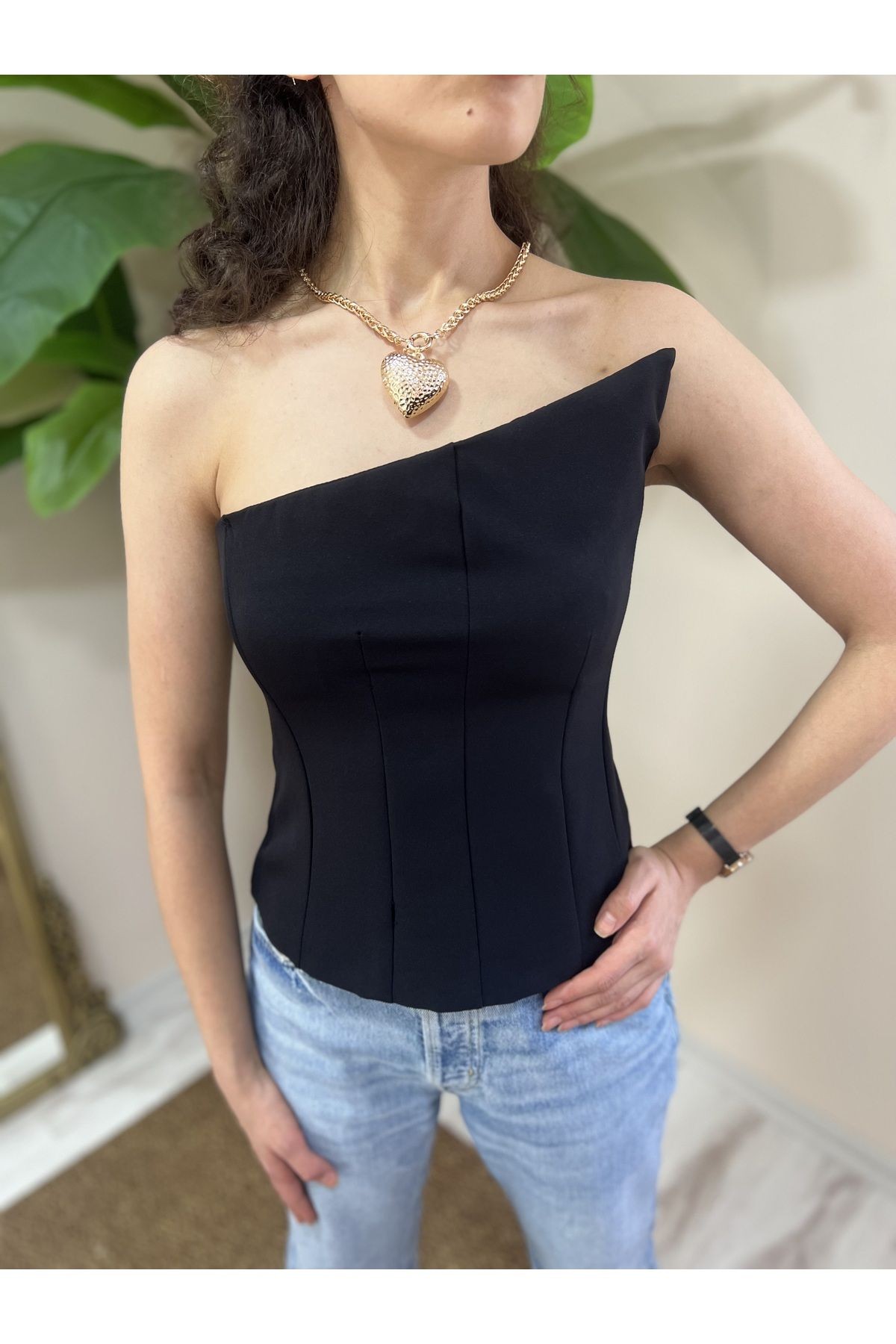 Siyah Asimetrik Büstiyer Top, Straplez düğün, parti, Trend Bluz