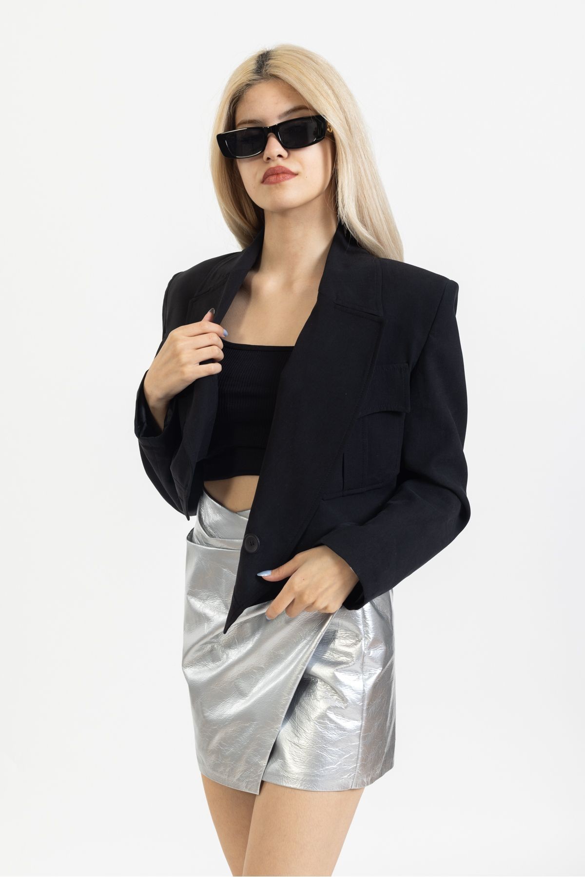 Özel Tasarım Crop Ceket, Mini Blazer Ceket, Siyah Kısa Ceket. Sokak Stili, Trend