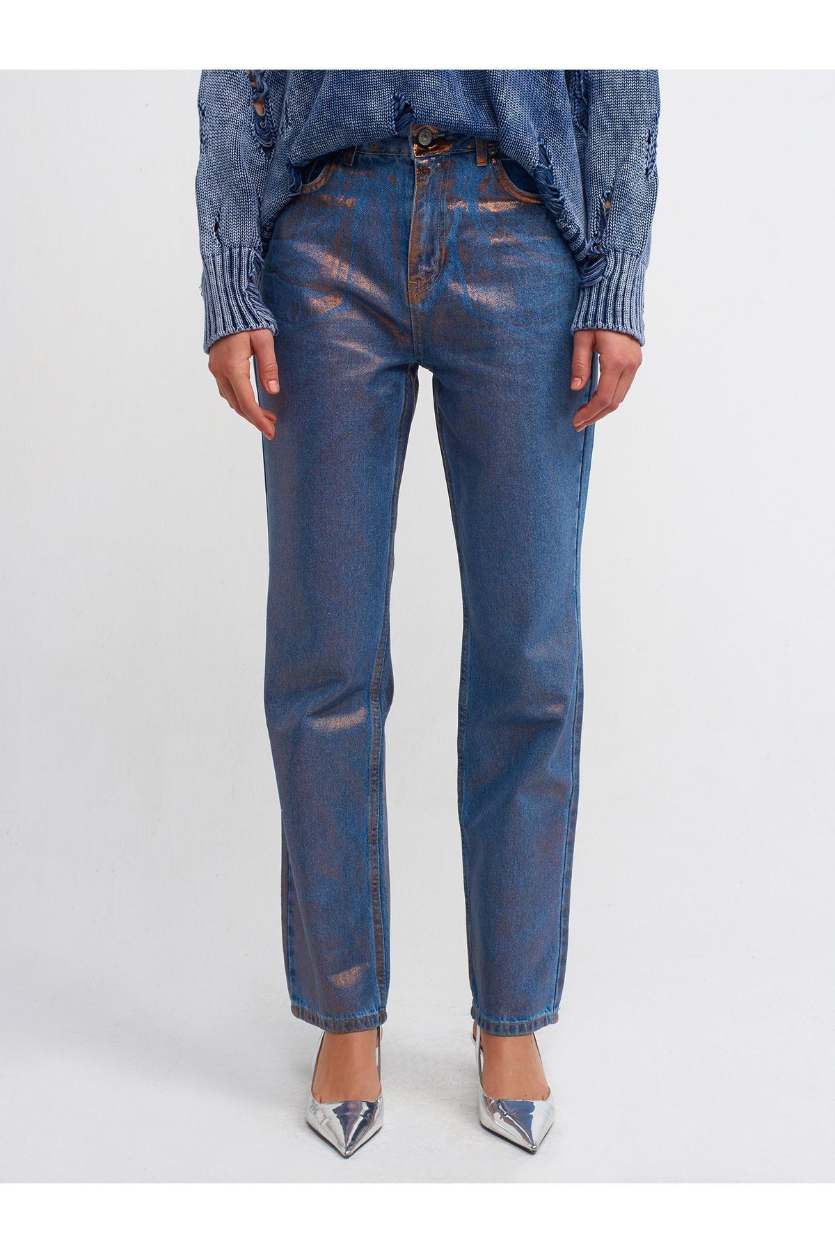 71373 Varak Baskılı Stright Denim Pantolon-bronz