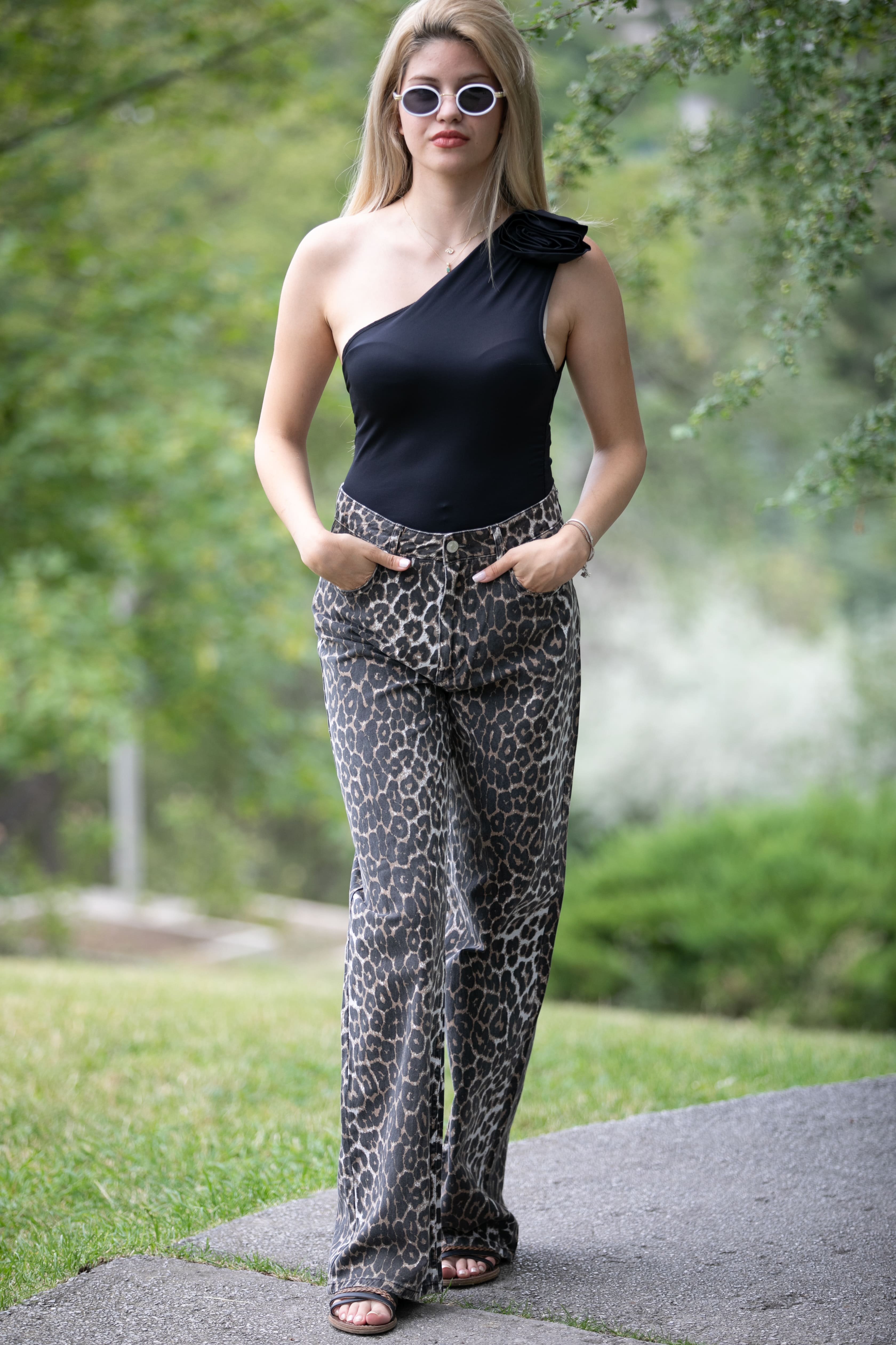 Soft Leopar Desen Pantolon ,Wide Leg Pantolon ,Straight Fit Yüksek Bel Uzun Gabardin