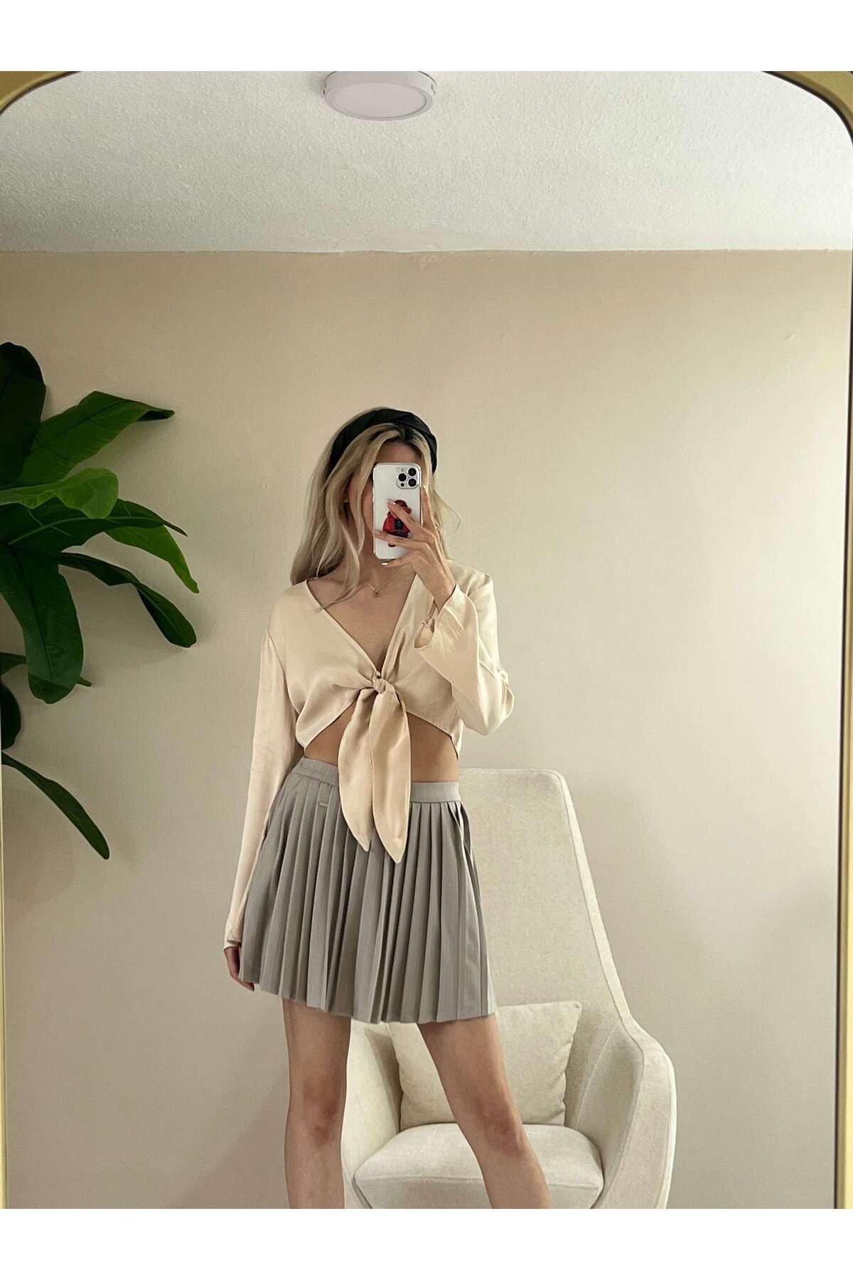 Kadın Pileli Mini Etek, Yazlık Pileli Şort Etek, Taş Rengi Mini Şort Etek, Mini Tenis Eteği