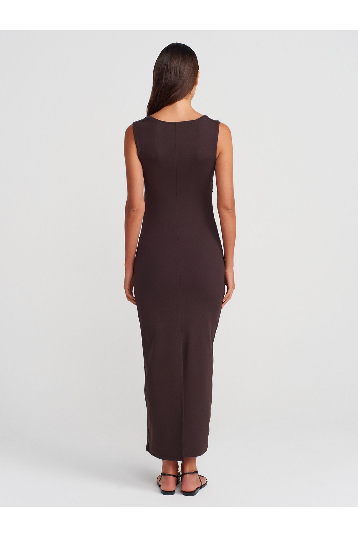 91460 Kare Yaka Midi Elbise-Koyu Kahve