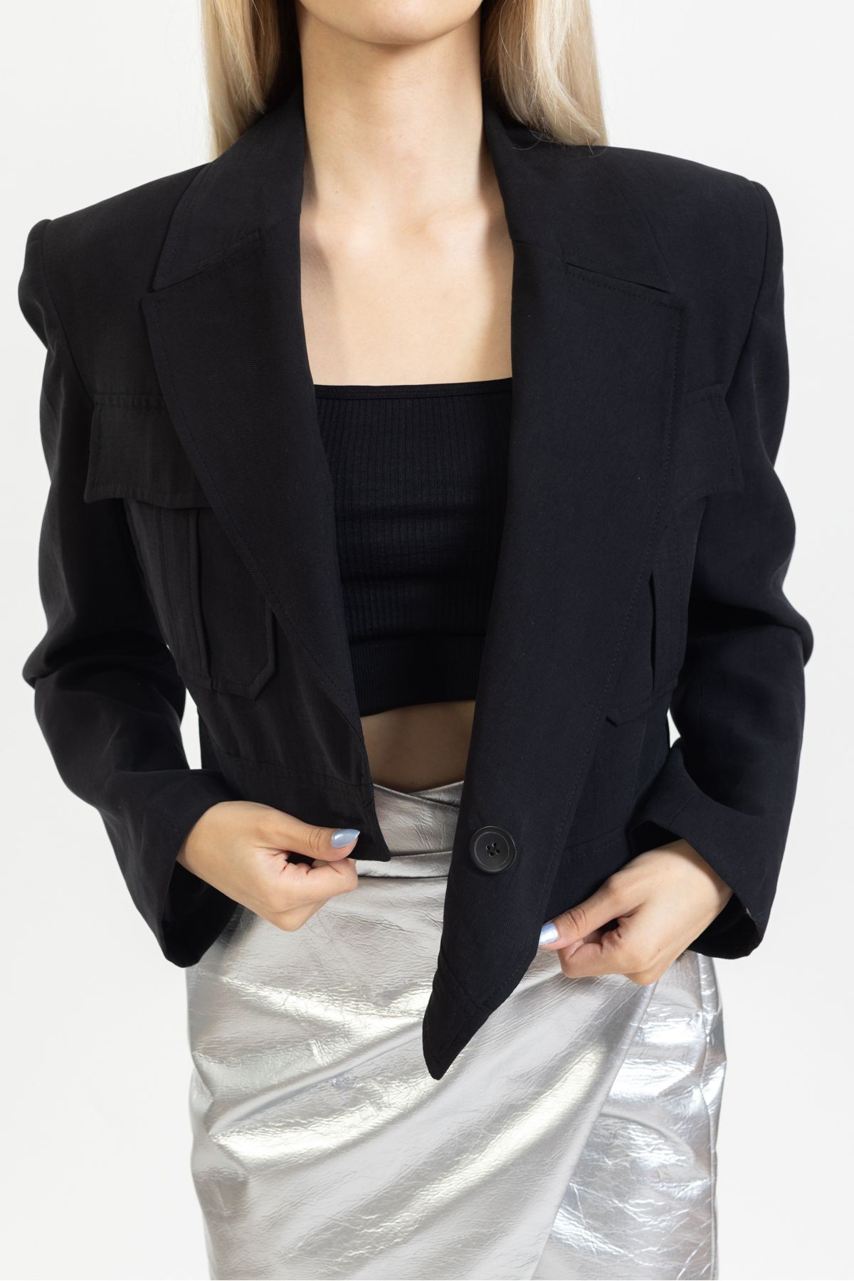 Özel Tasarım Crop Ceket, Mini Blazer Ceket, Siyah Kısa Ceket. Sokak Stili, Trend