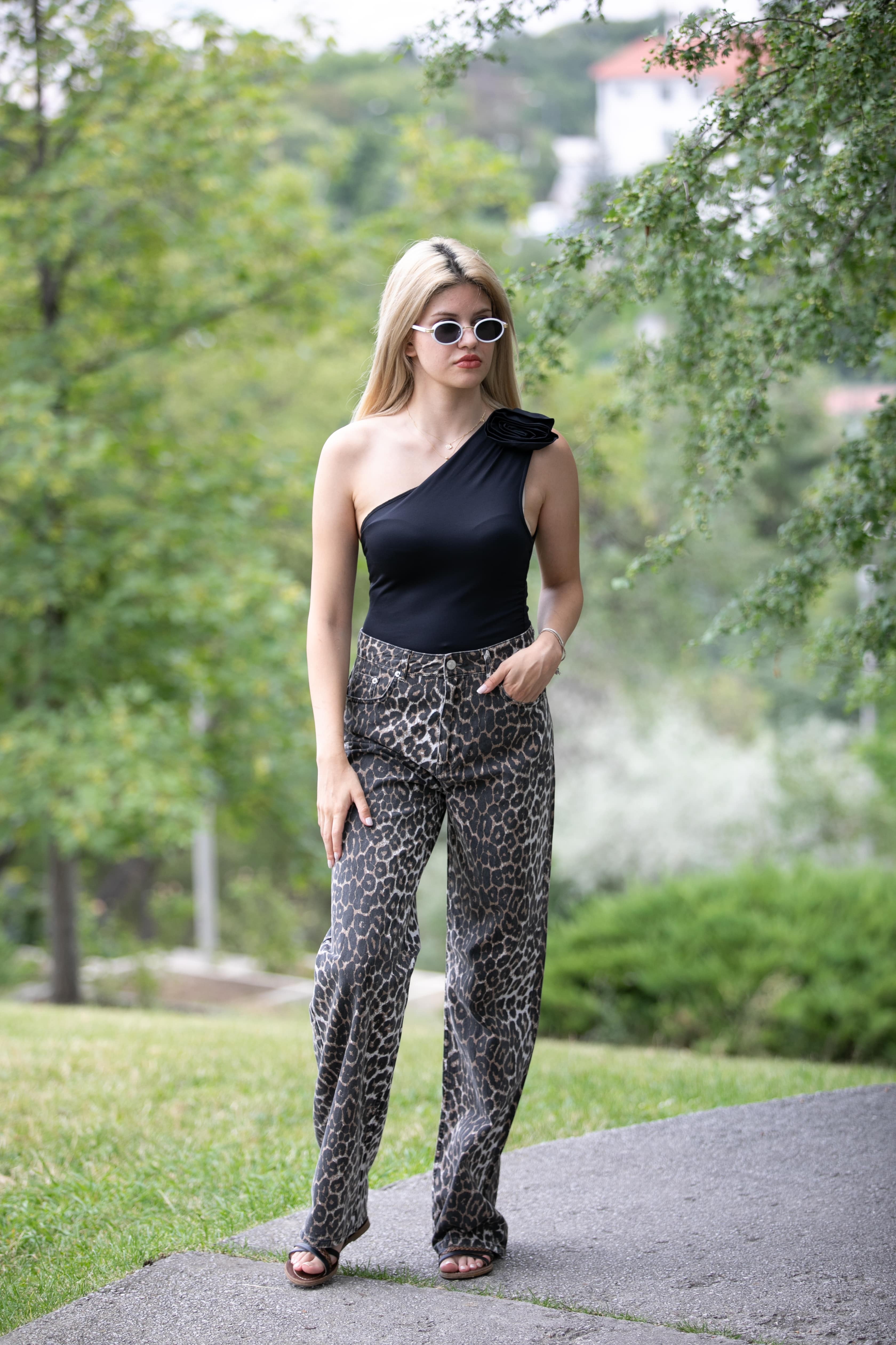 Soft Leopar Desen Pantolon ,Wide Leg Pantolon ,Straight Fit Yüksek Bel Uzun Gabardin