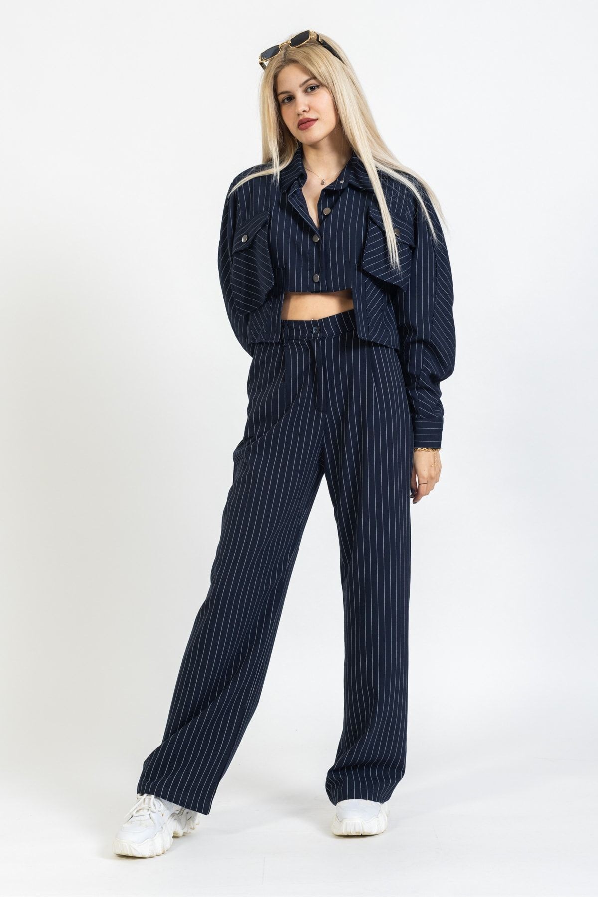 Çizgili Bol Paça Pantolon, Trend Pantolon, Straight, Regular, Çizgi Detay Pantolon