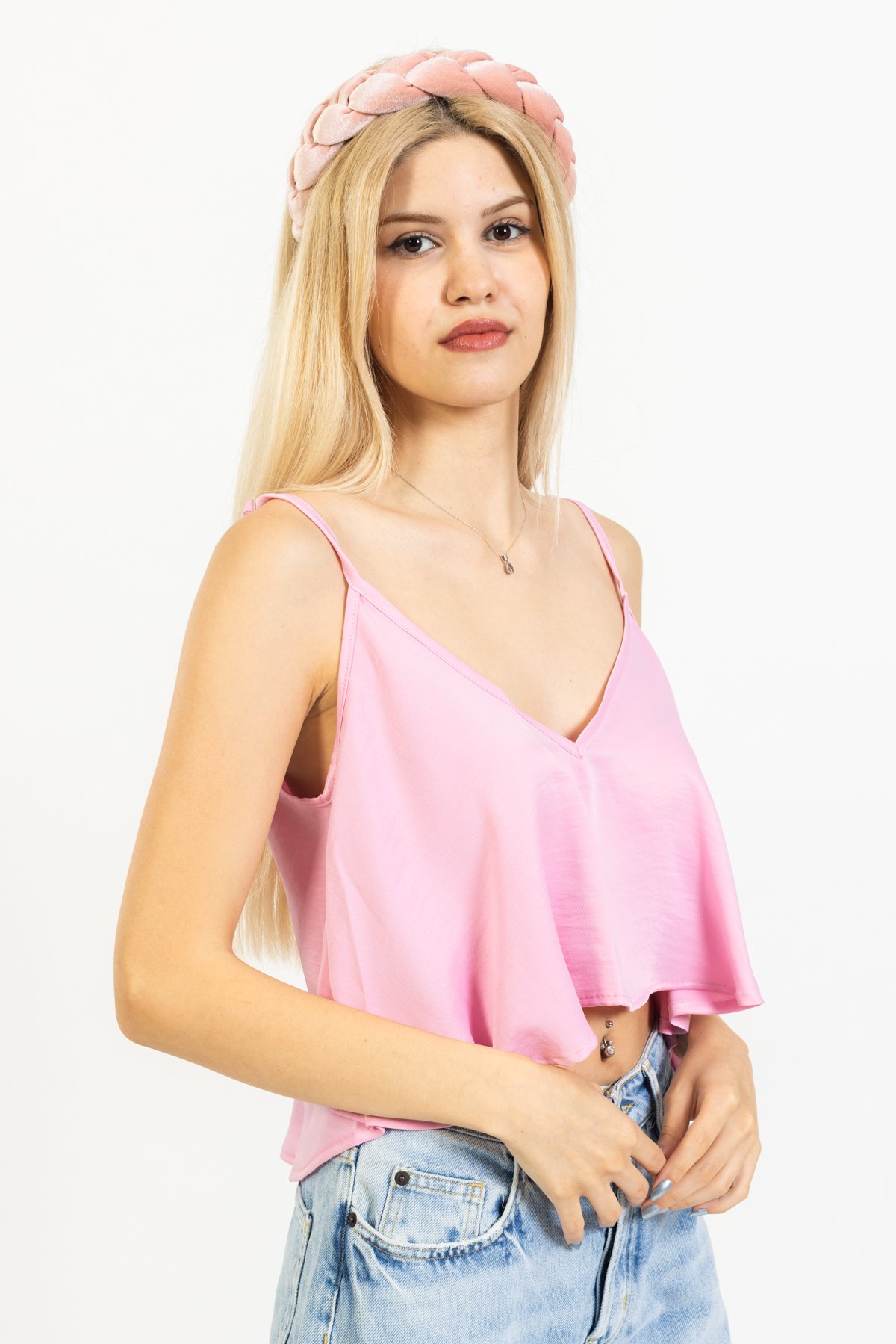 Askılı Saten Crop Bluz Pembe