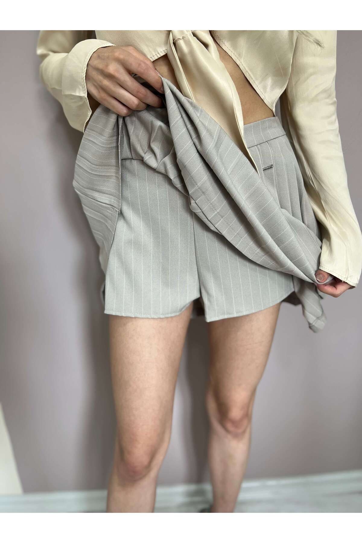 Kadın Pileli Mini Etek, Yazlık Pileli Şort Etek, Taş Rengi Mini Şort Etek, Mini Tenis Eteği