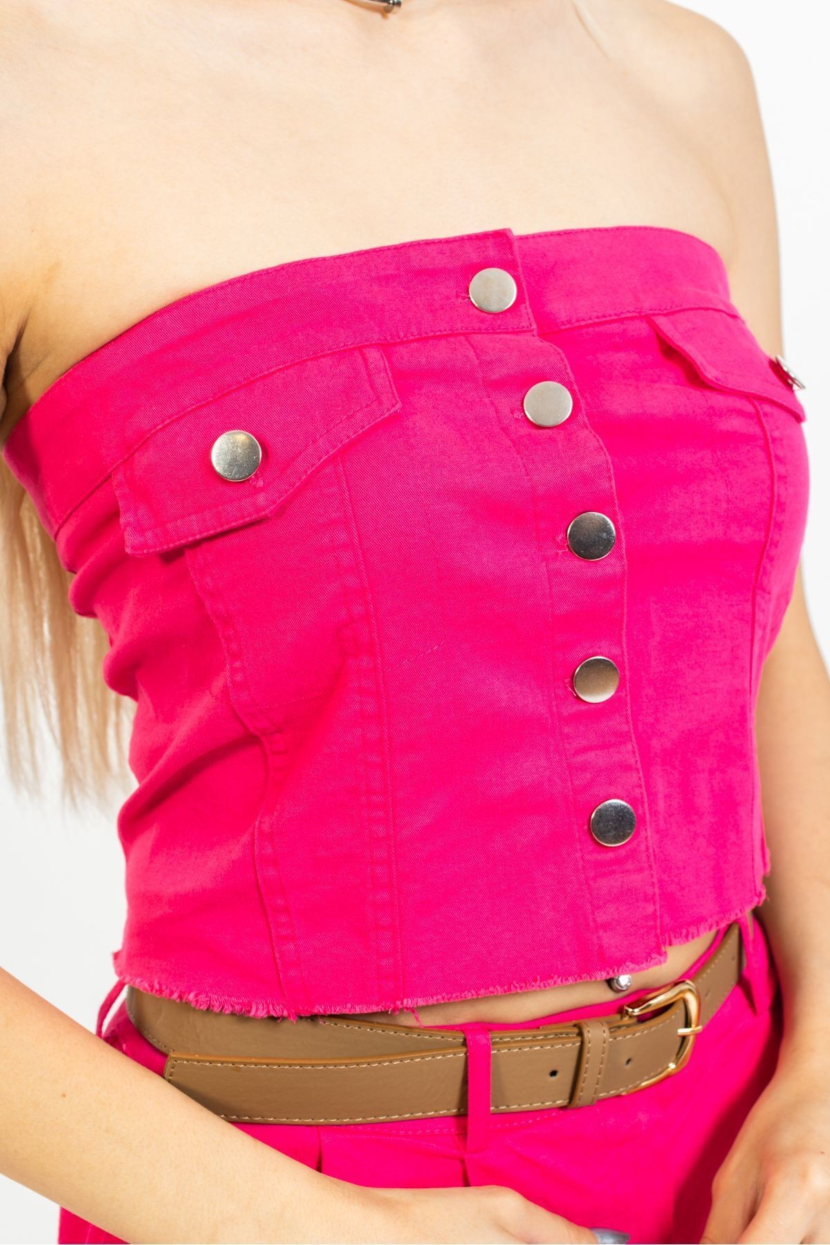 straplez jean bluz, straplez kot bluz, pembe bluz, düğmeli crop,