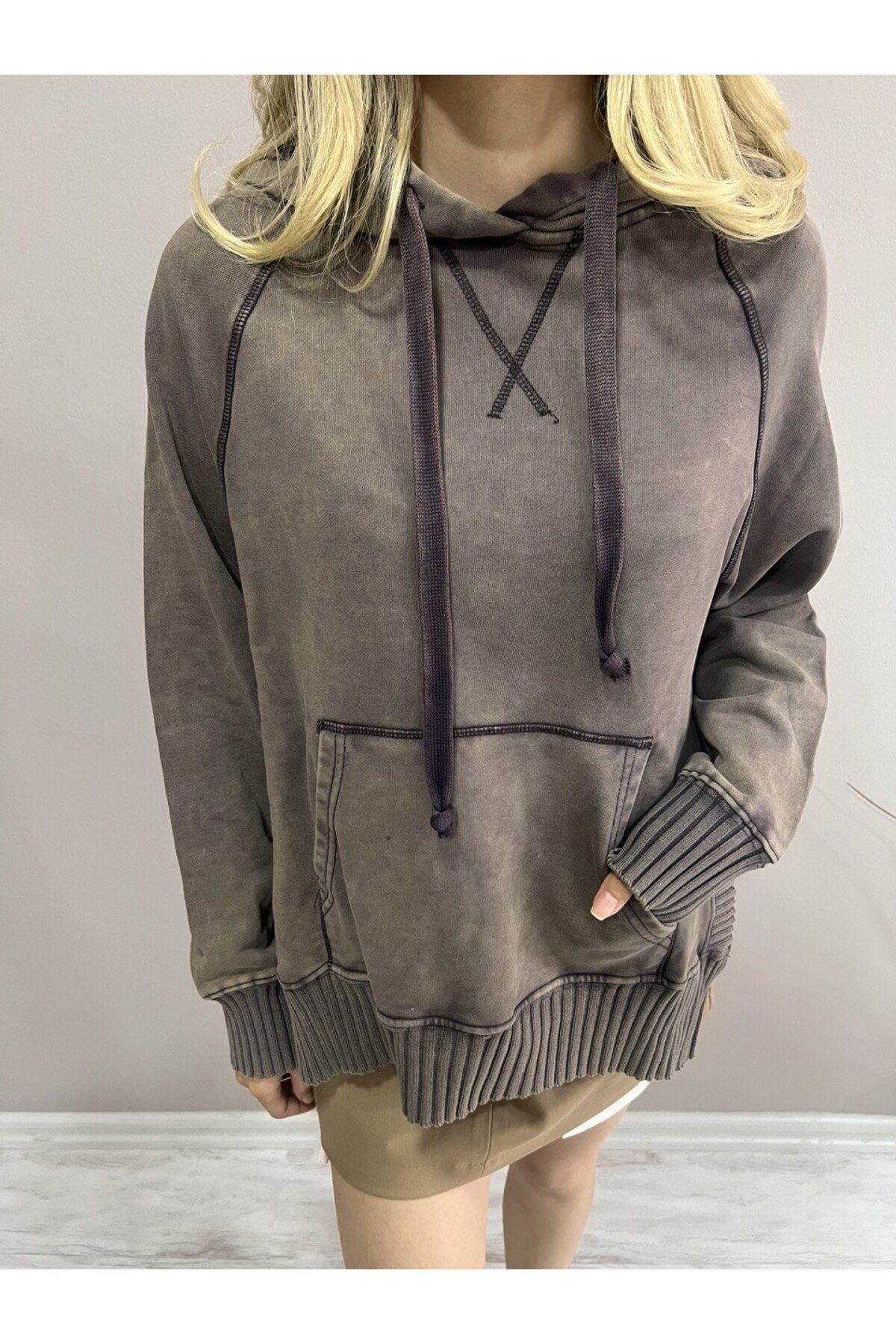 Triko Detaylı Sweatshirt-Kahve