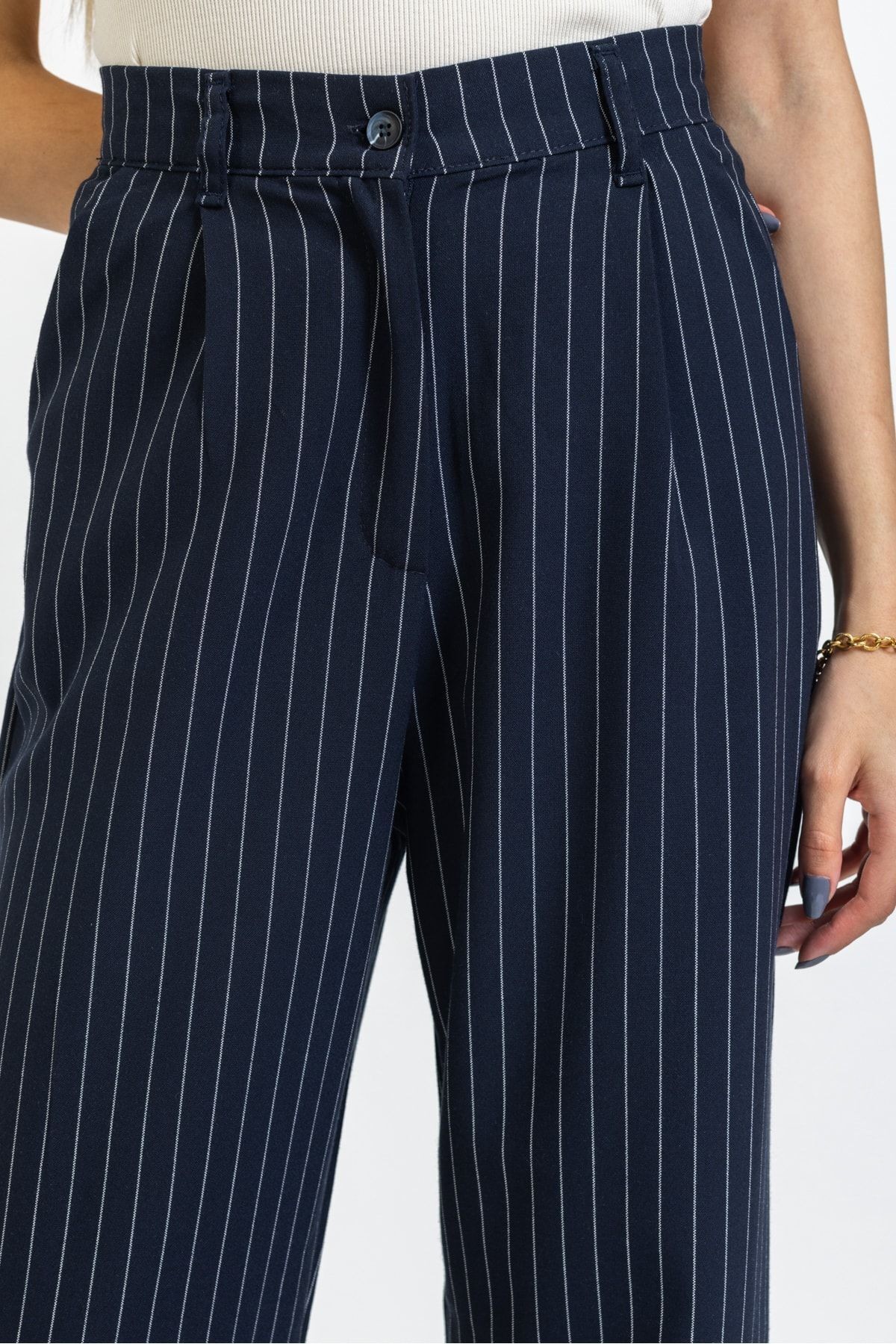 Çizgili Bol Paça Pantolon, Trend Pantolon, Straight, Regular, Çizgi Detay Pantolon