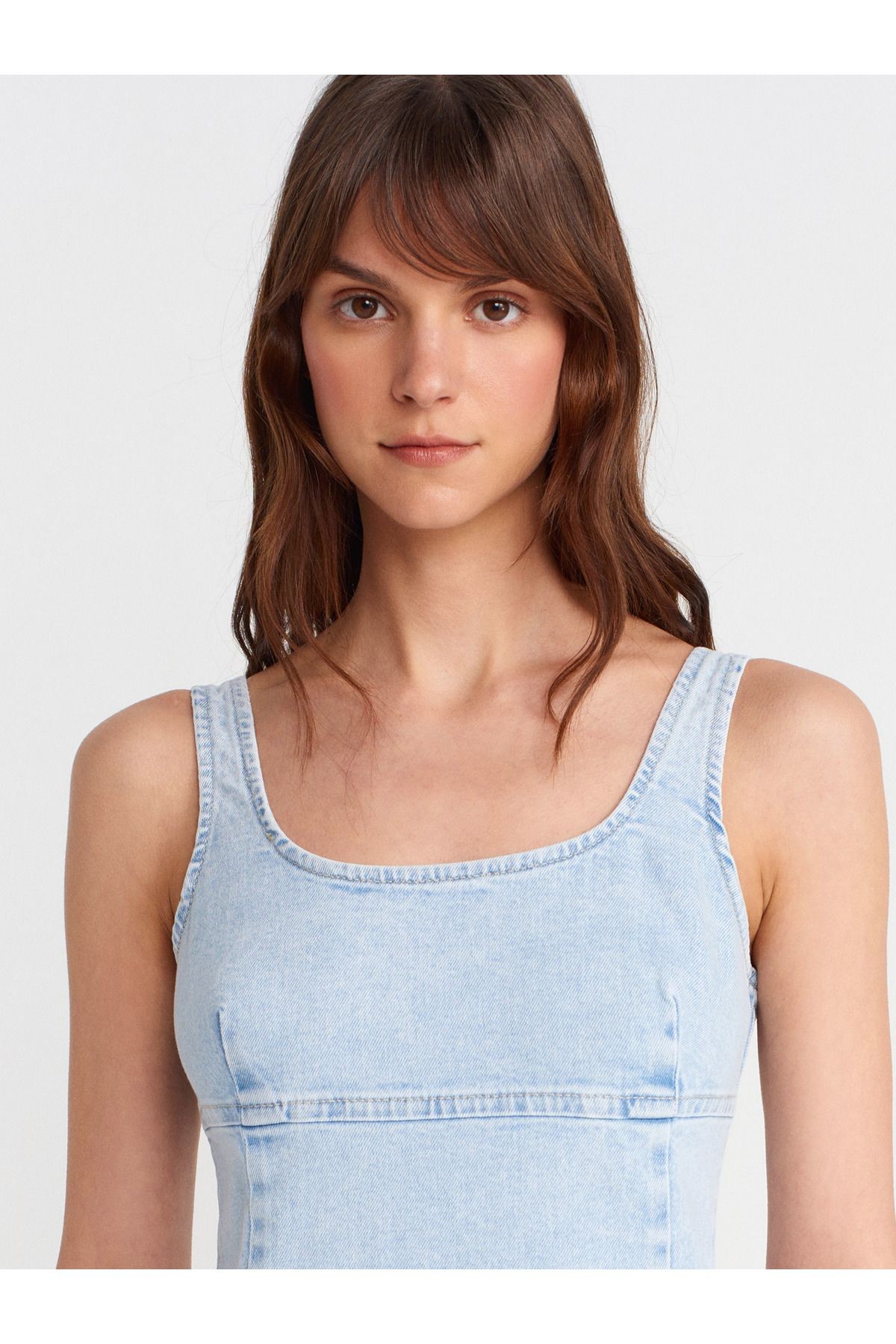 90554 Likralı Kalın Askılı Denim Elbise-Mavi