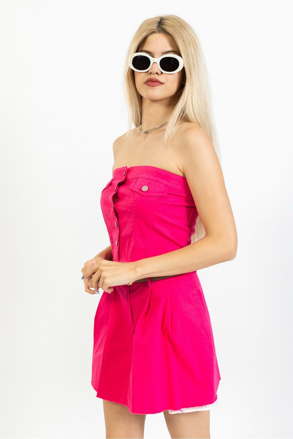 straplez jean bluz, straplez kot bluz, pembe bluz, düğmeli crop,