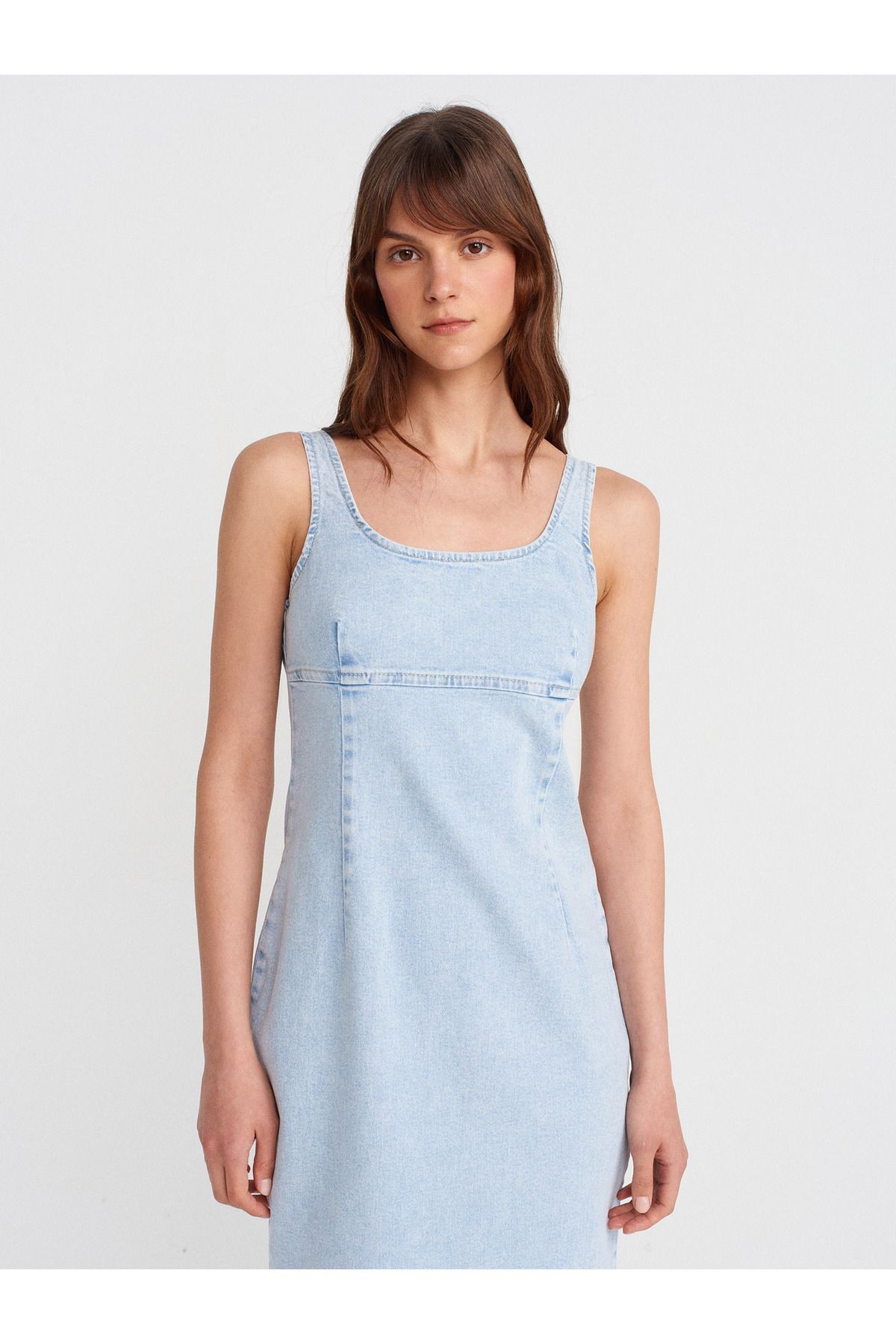 90554 Likralı Kalın Askılı Denim Elbise-Mavi
