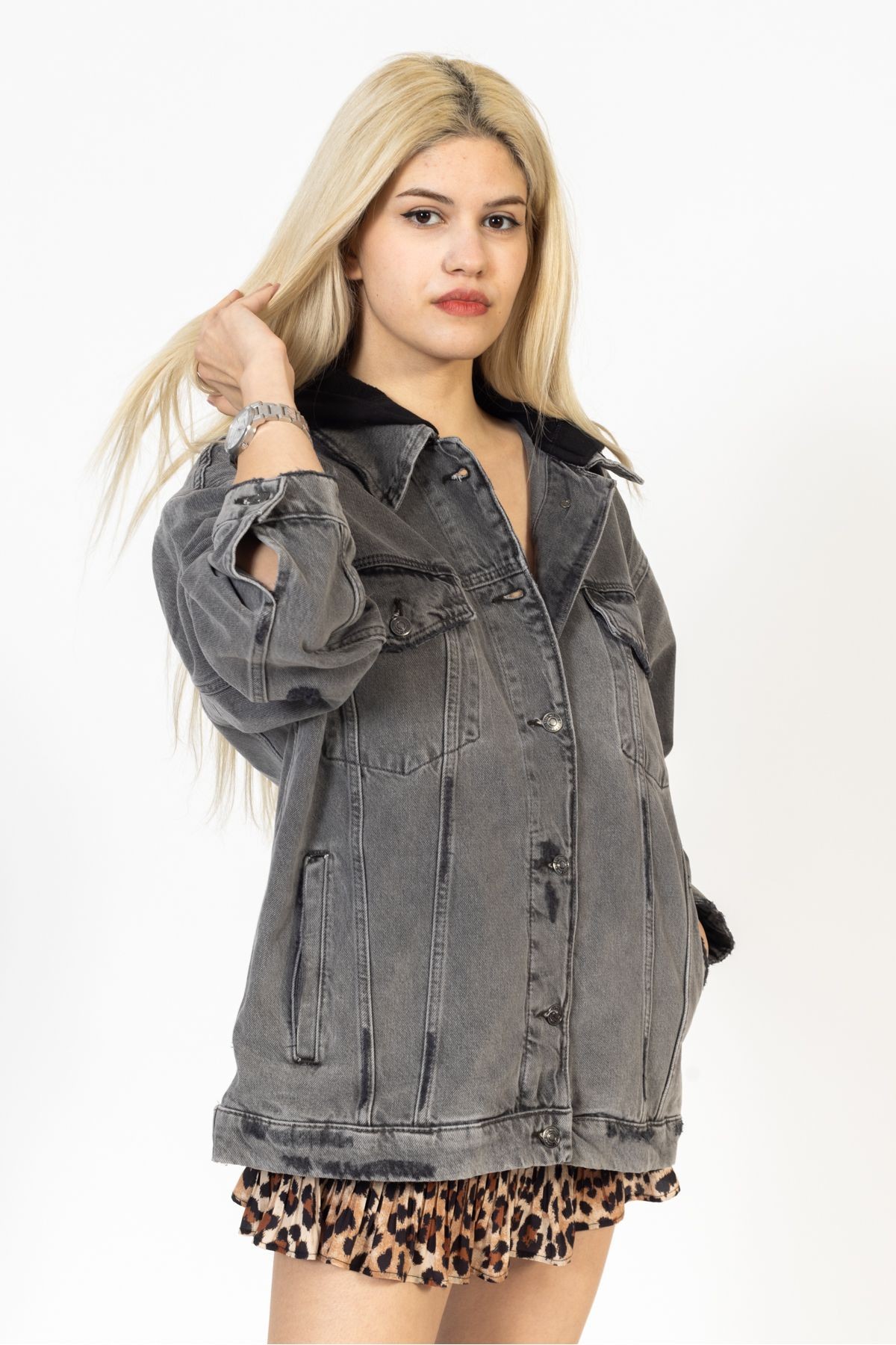 Gri Kapüşonlu Eskitme Jean Ceket, Oversize Kot Ceket, Jean Mont