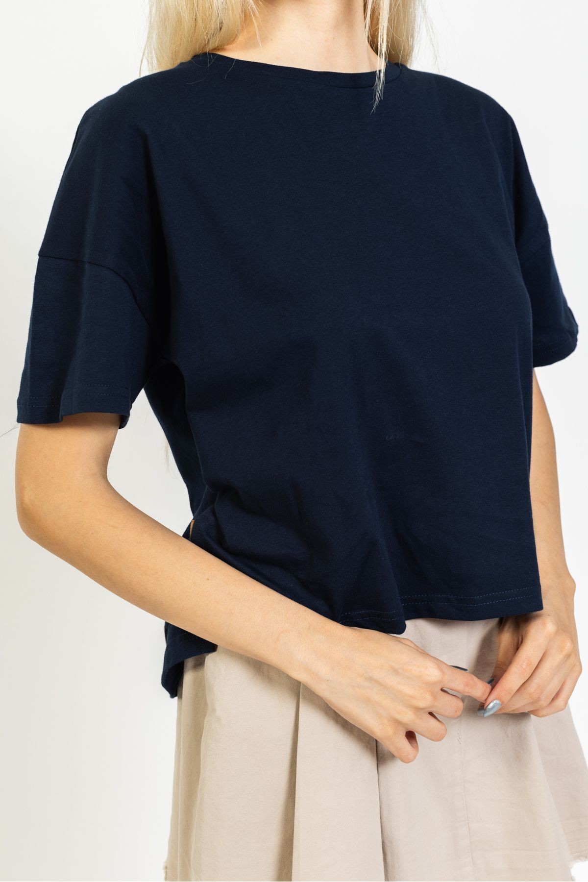 Lacivert Basic Oversize Tişört, Yazlık Pamuklu Bol T-shirt, Quzu