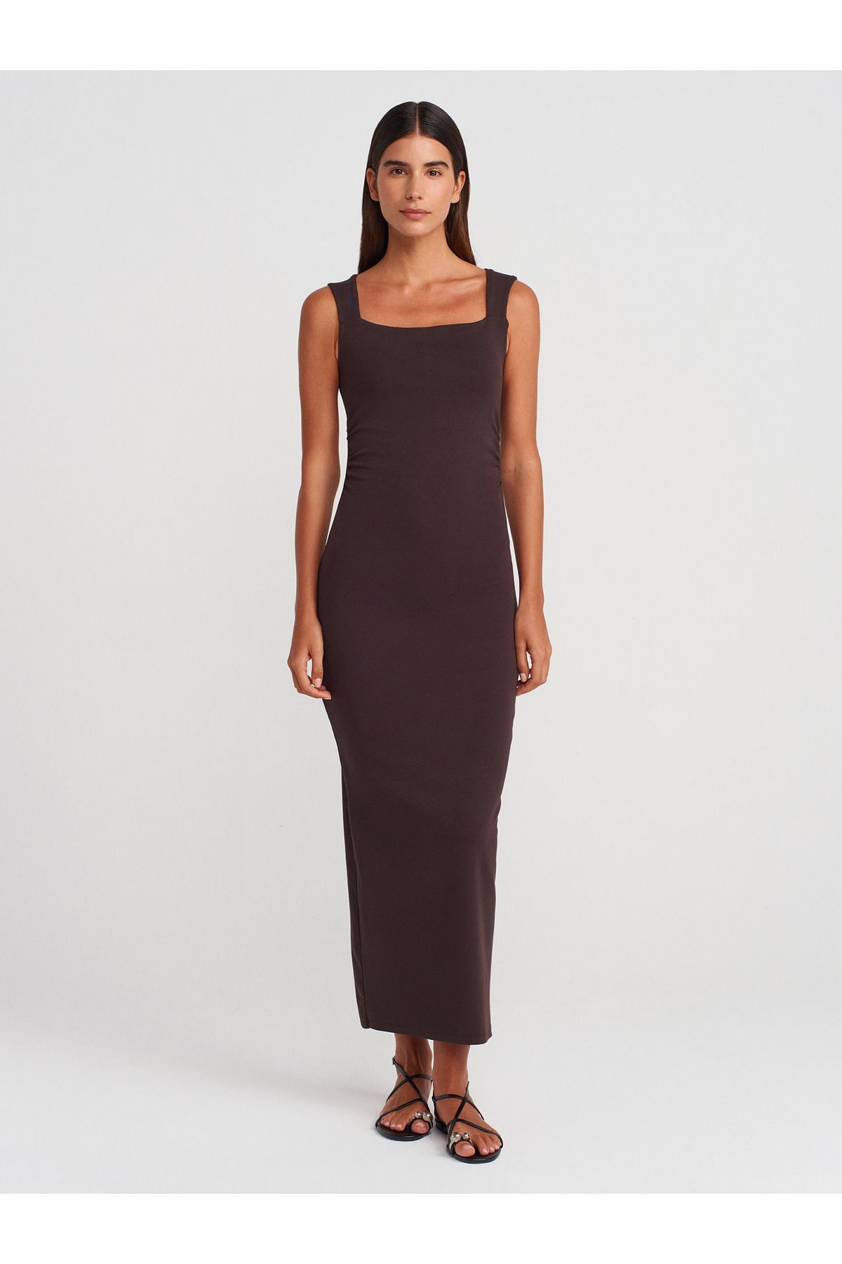 91460 Kare Yaka Midi Elbise-Koyu Kahve