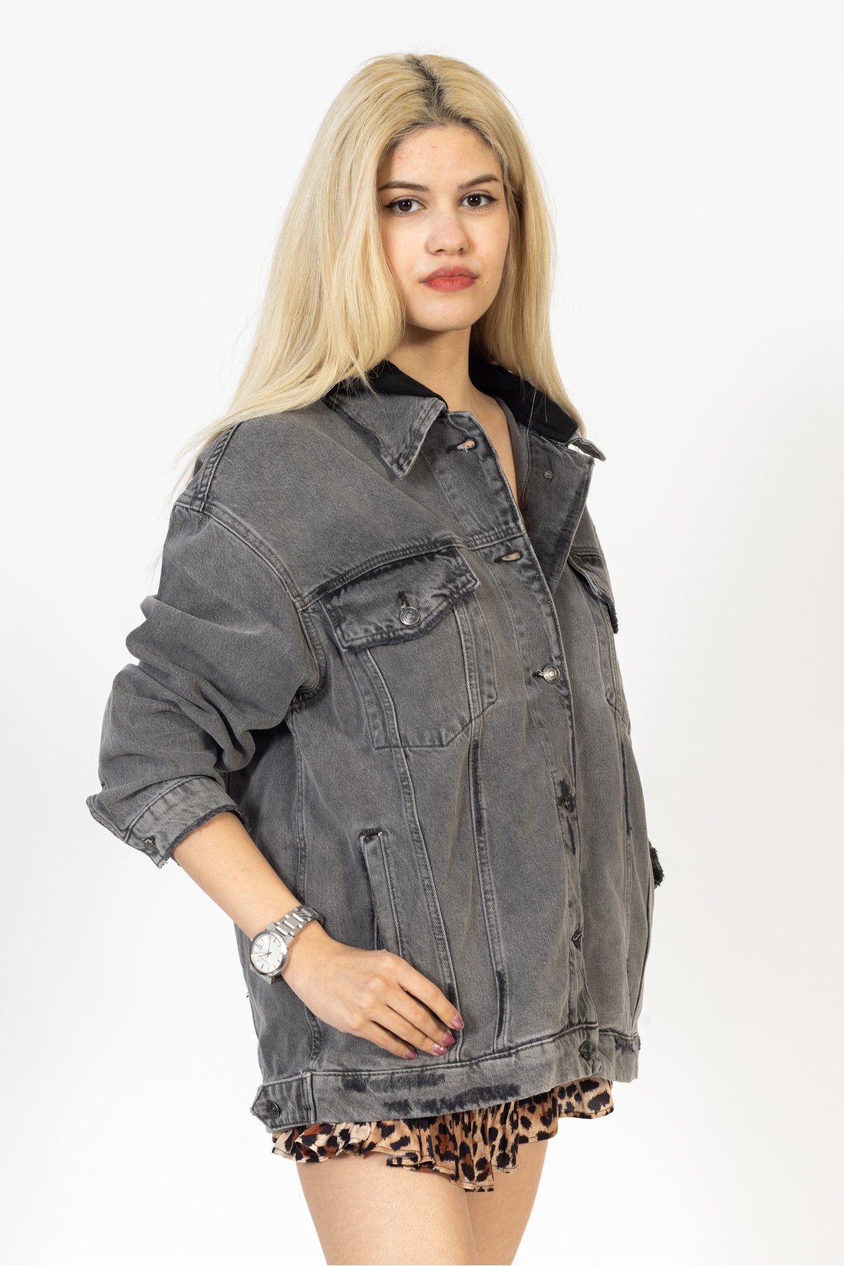 Gri Kapüşonlu Eskitme Jean Ceket, Oversize Kot Ceket, Jean Mont