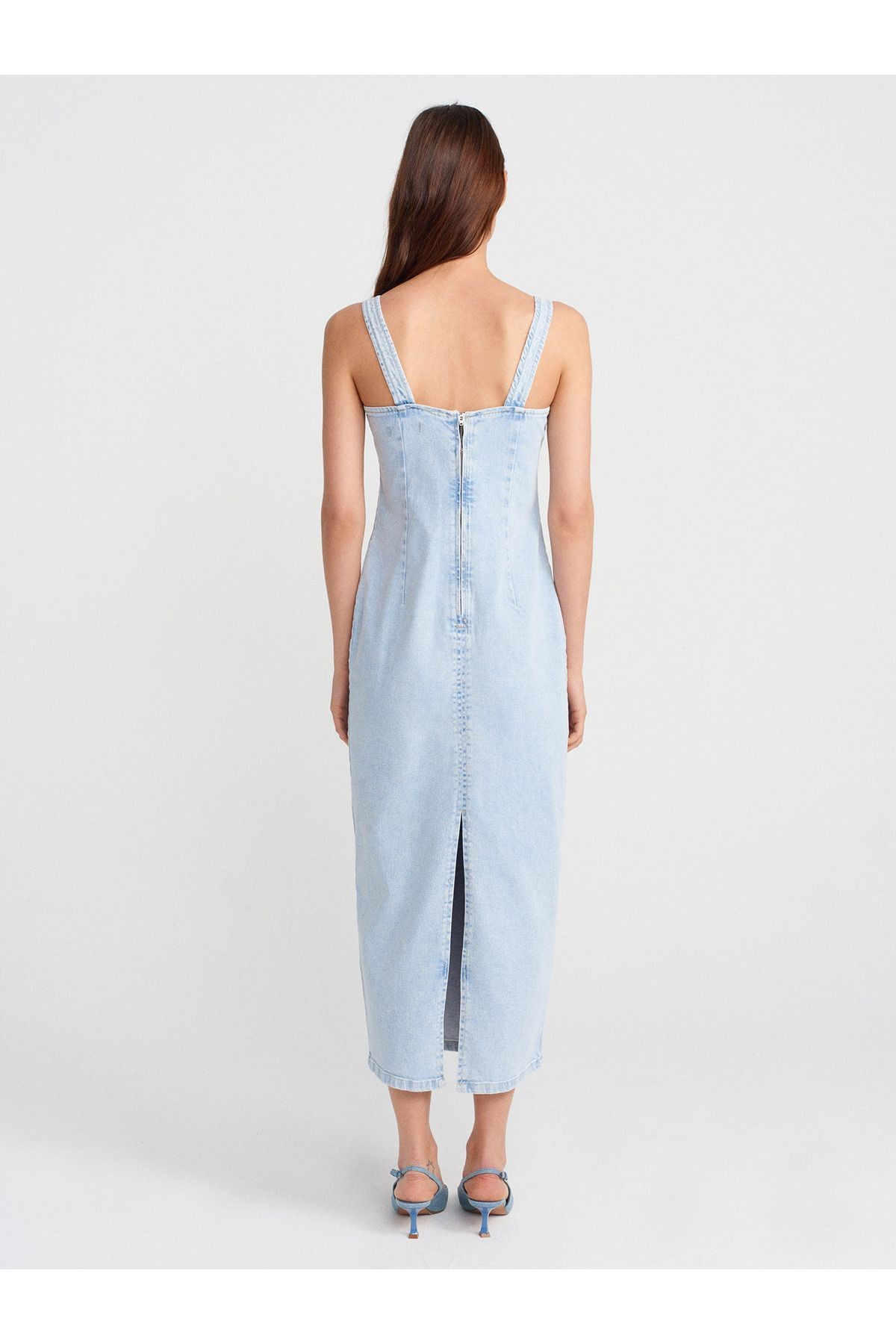 90554 Likralı Kalın Askılı Denim Elbise-Mavi