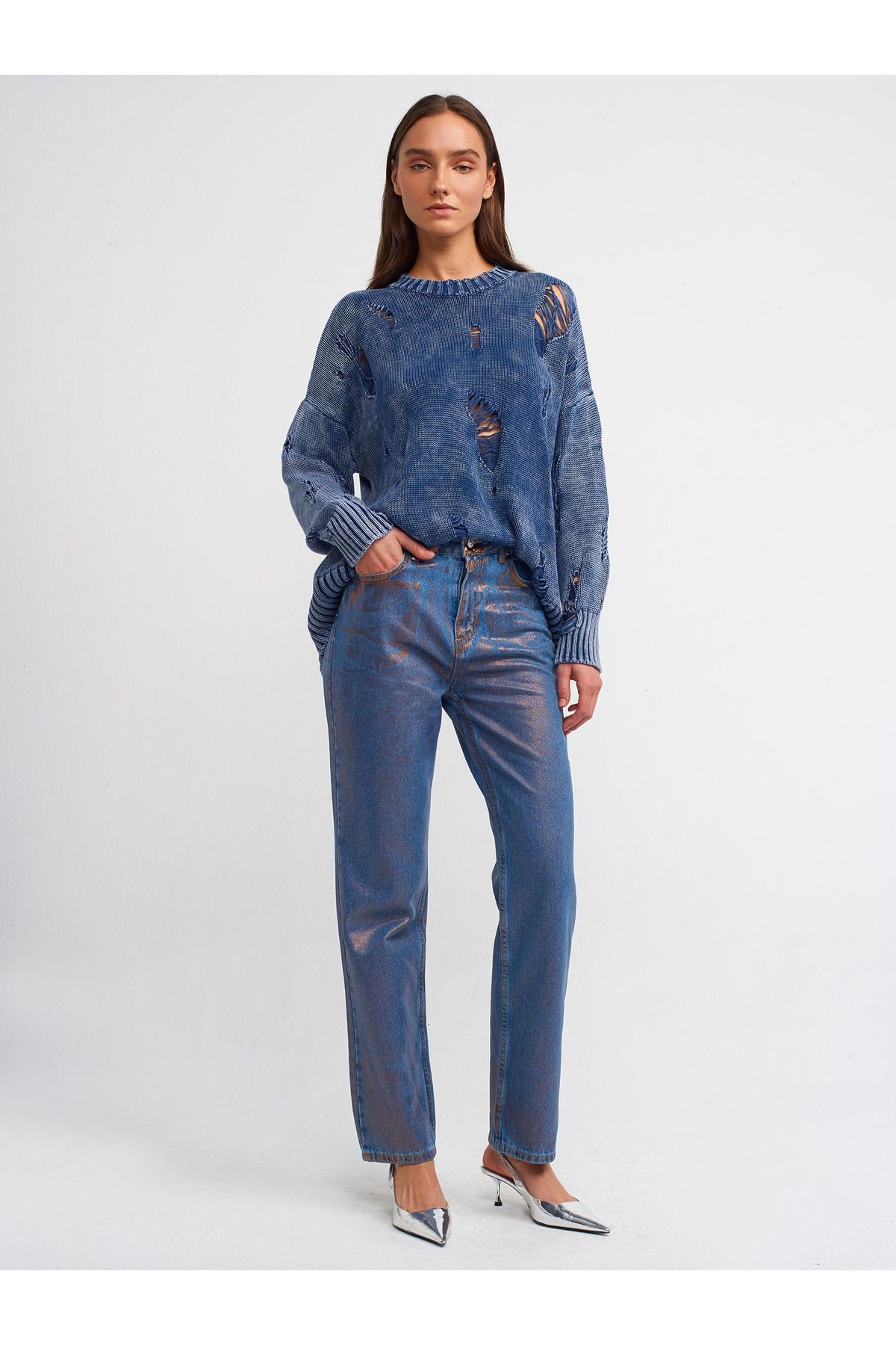 71373 Varak Baskılı Stright Denim Pantolon-bronz