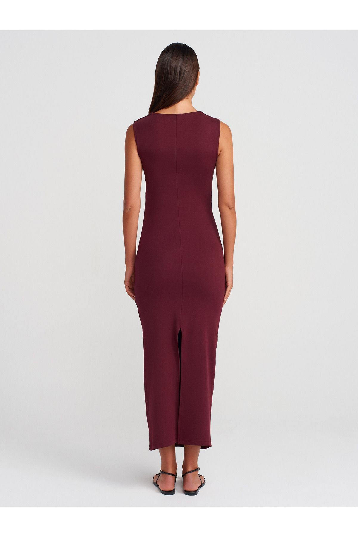 91460 Kare Yaka Midi Elbise-bordo