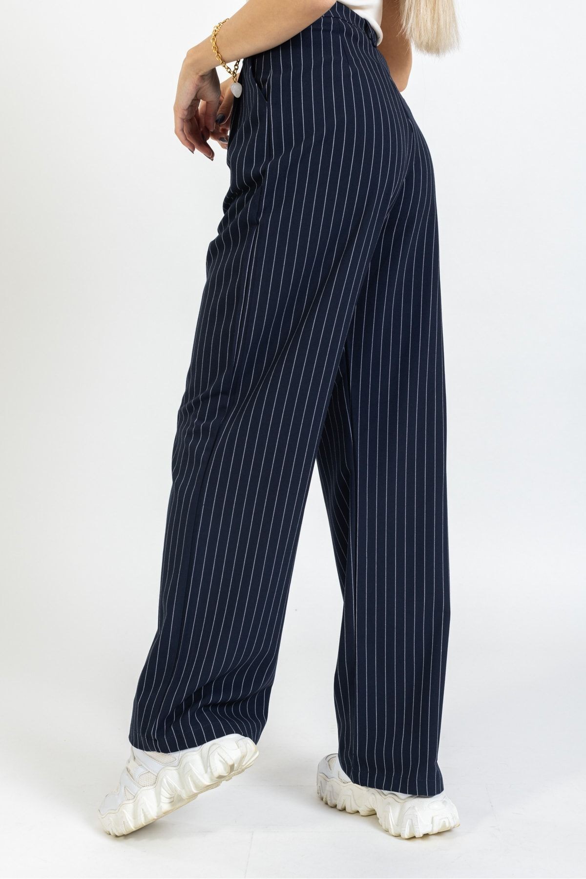 Çizgili Bol Paça Pantolon, Trend Pantolon, Straight, Regular, Çizgi Detay Pantolon