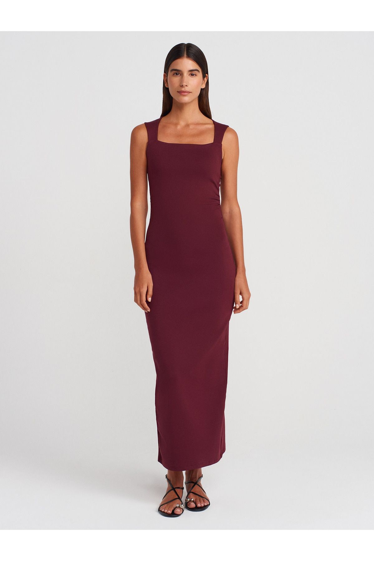 91460 Kare Yaka Midi Elbise-bordo