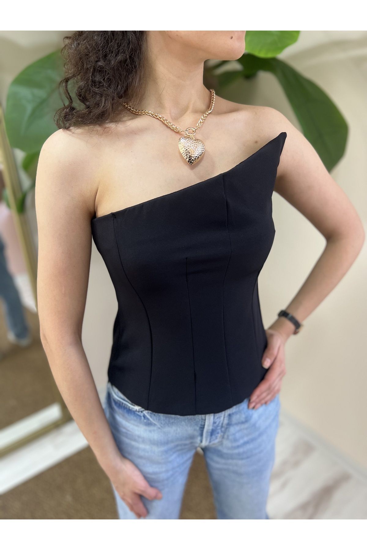 Siyah Asimetrik Büstiyer Top, Straplez düğün, parti, Trend Bluz