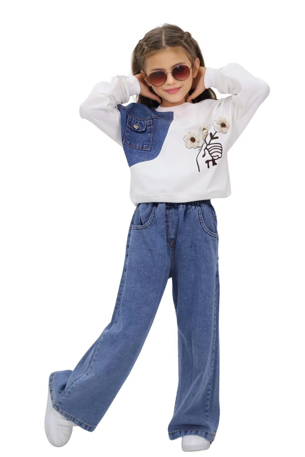 KIZ ÇOCUK MAVİ CEP DETAYLI 2Lİ PANTOLONLU TAKIM