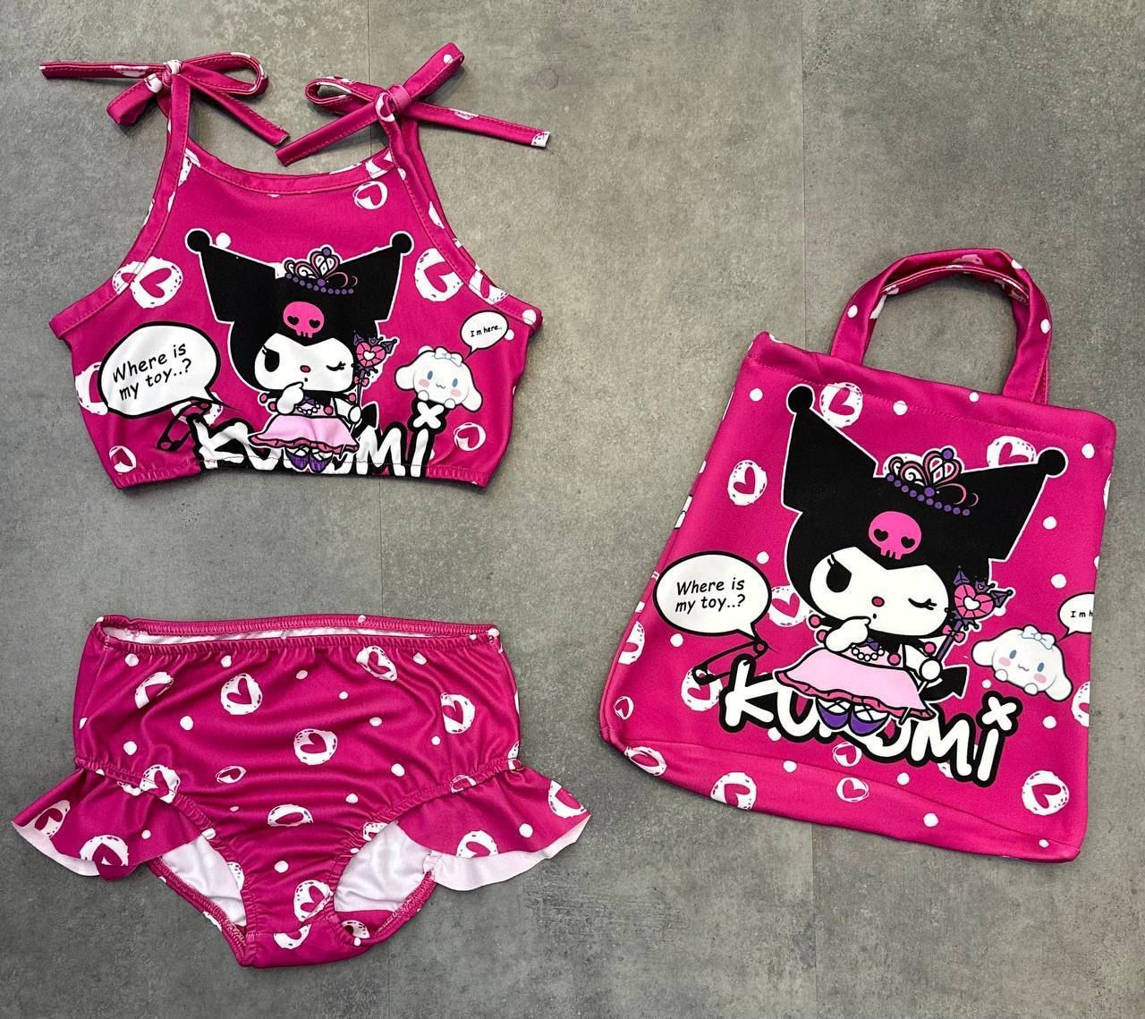 KIZ ÇOCUK FUŞYA KUROMİ ÇANTALI BİKİNİ SETİ 