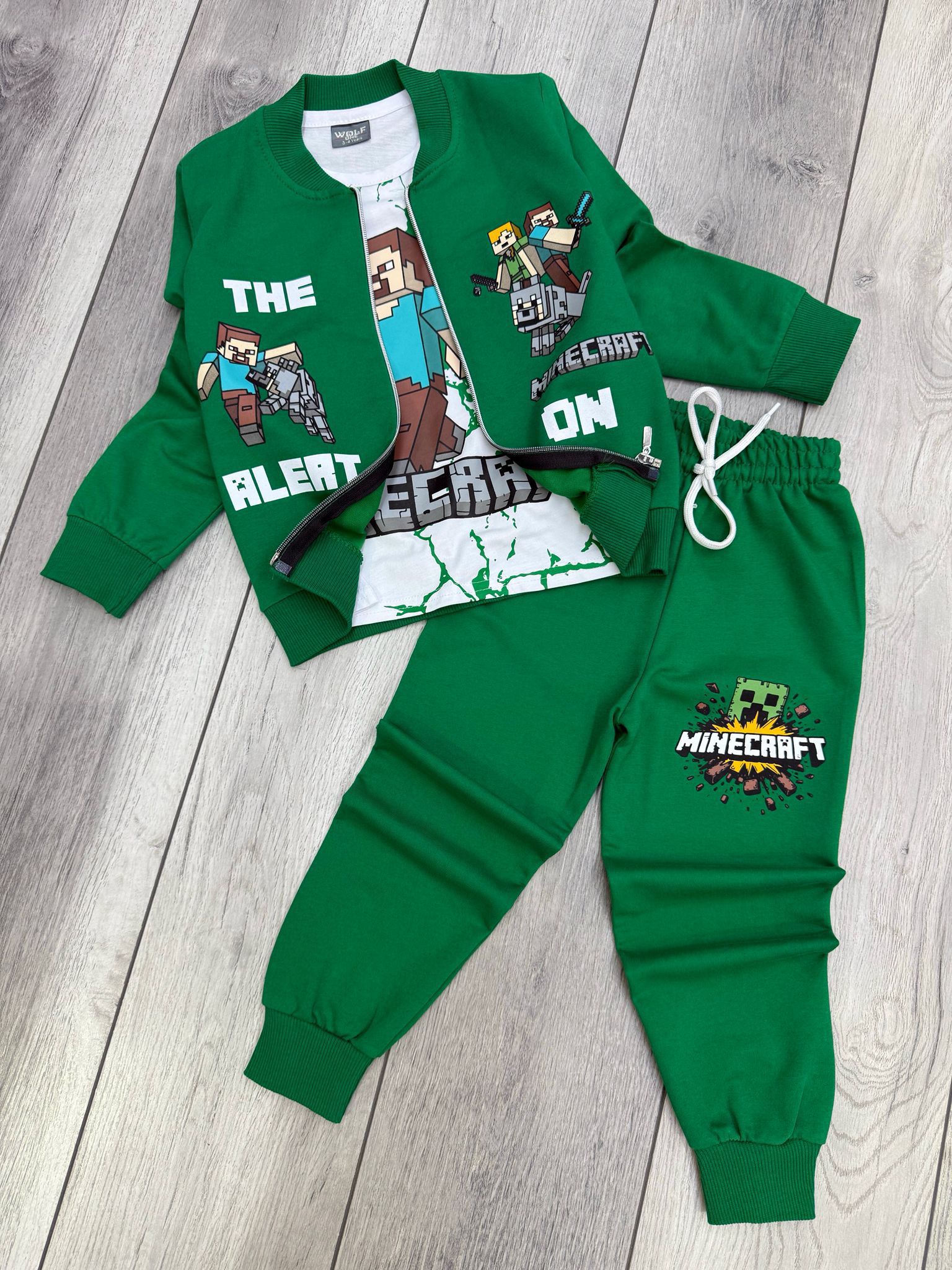 ERKEK ÇOCUK MİNECRAFT 3LÜ SET (UZUN KOLLU BADİ+ALT+ÜSTCEKET ) - yeşil