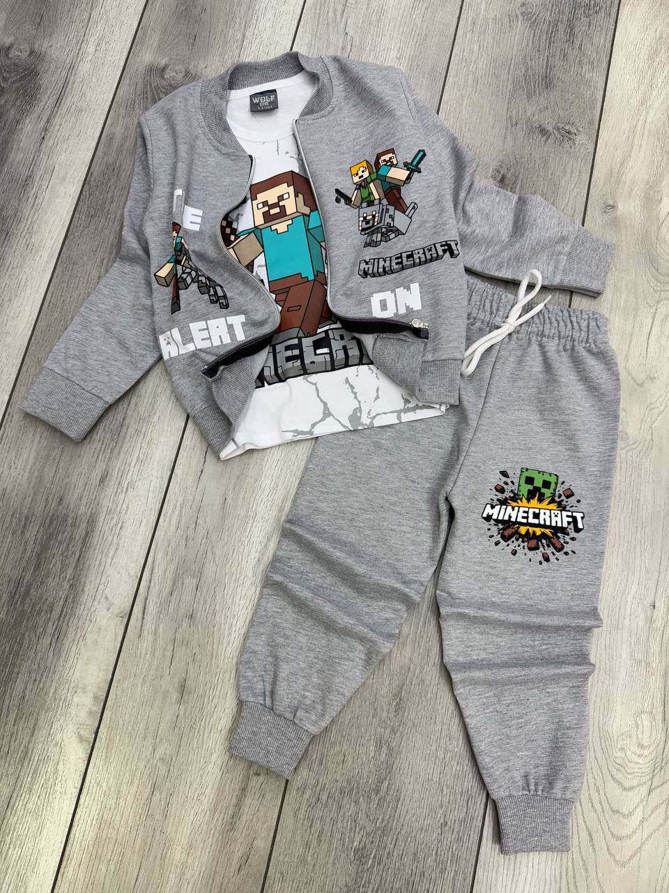 ERKEK ÇOCUK MİNECRAFT 3LÜ SET (UZUN KOLLU BADİ+ALT+ÜSTCEKET ) - GRİ