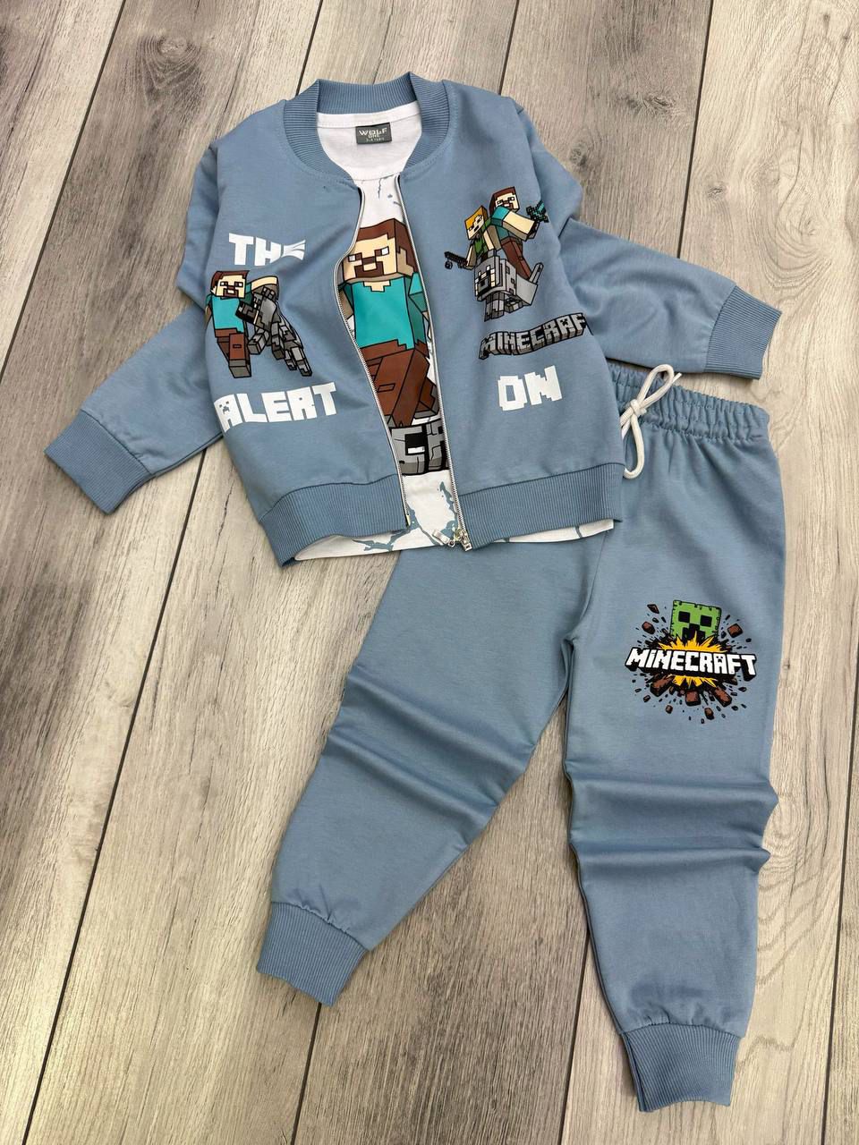 ERKEK ÇOCUK MİNECRAFT 3LÜ SET (UZUN KOLLU BADİ+ALT+ÜSTCEKET ) - MAVİ