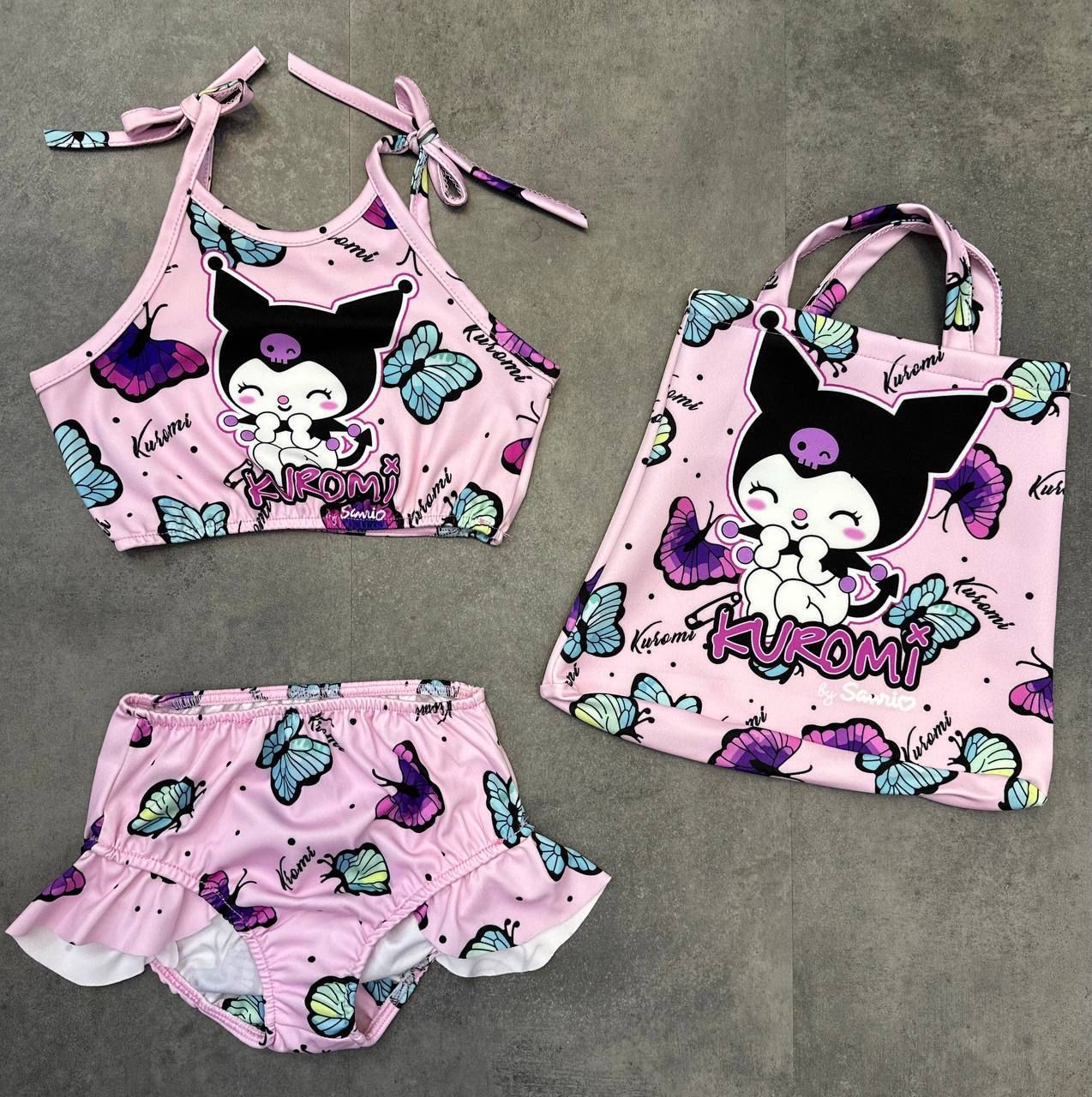 KIZ ÇOCUK TOZ PEMBE KELEBEKLİ KUROMİ ÇANTALI BİKİNİ SETİ 