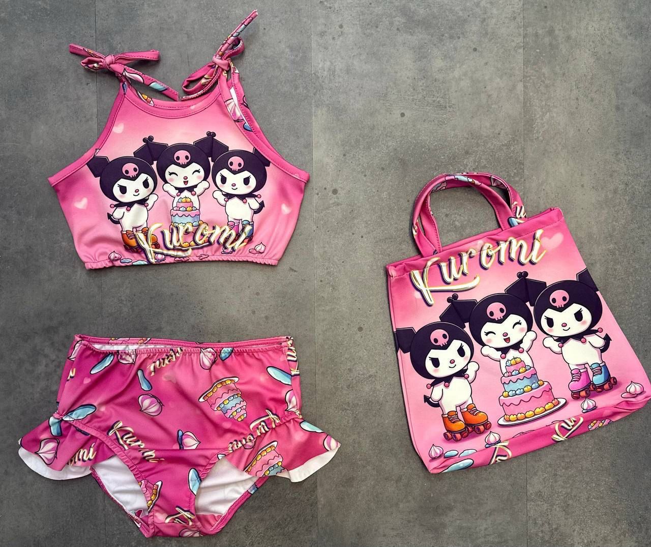 KIZ ÇOCUK PEMBE KUROMİ ÇANTALI BİKİNİ SETİ 