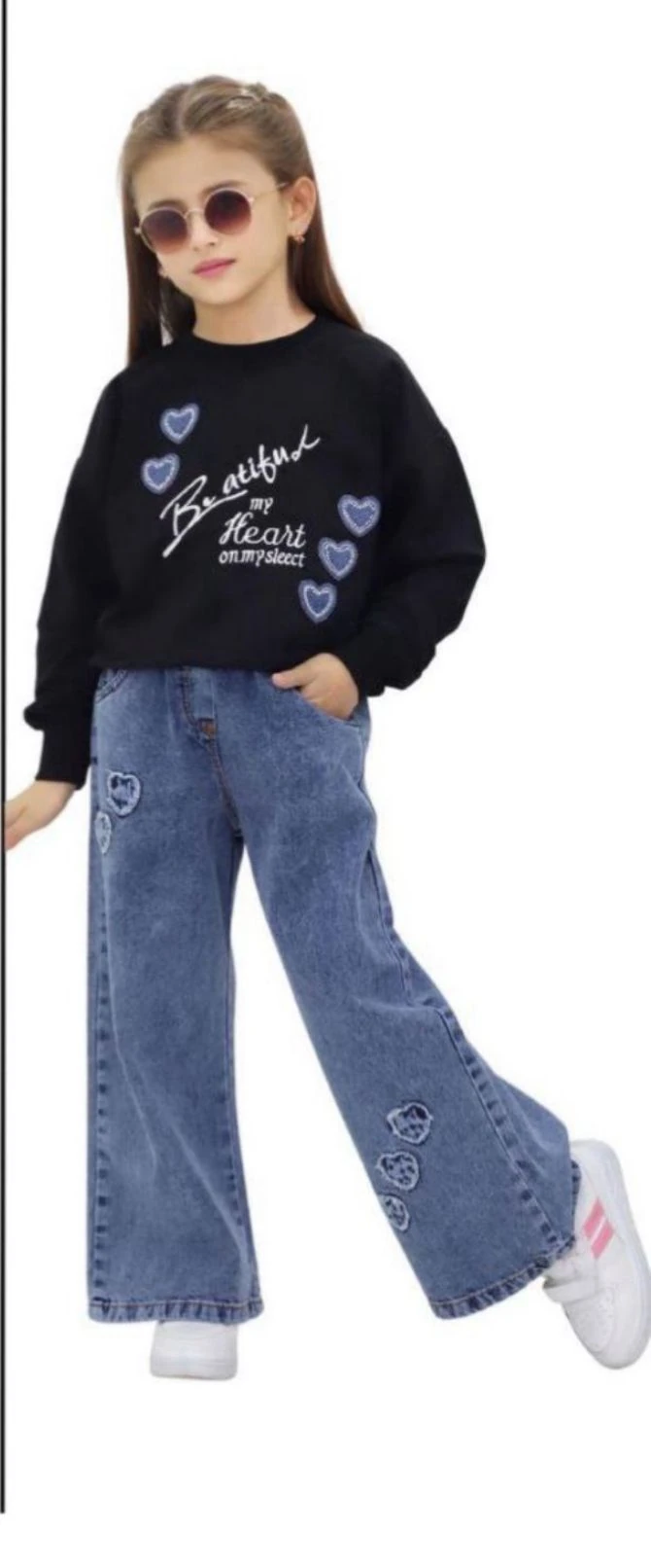 KIZ ÇOCUK BEATİFUL HEART  BASKILI BLUZ&KOT PANTALON TAKIM - SİYAH