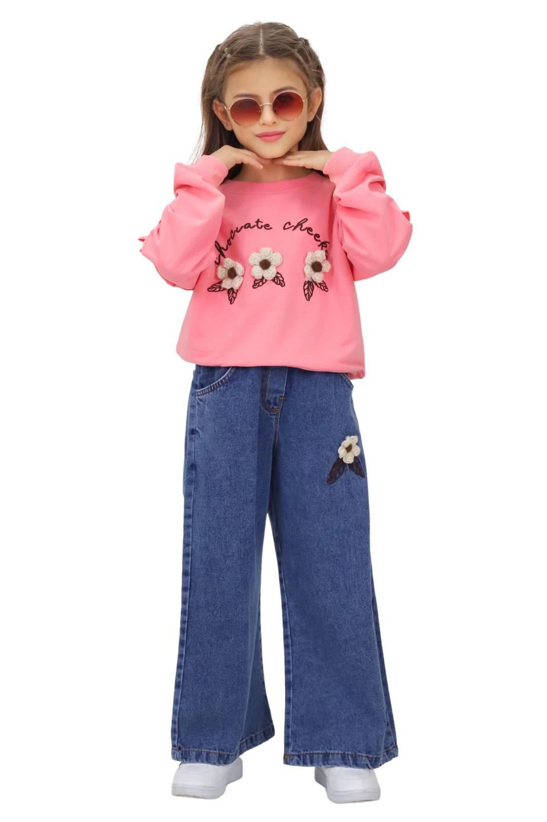 KIZ ÇOCUK ÜÇ ÇİÇEKLİ 2Lİ TAKIM - Pembe