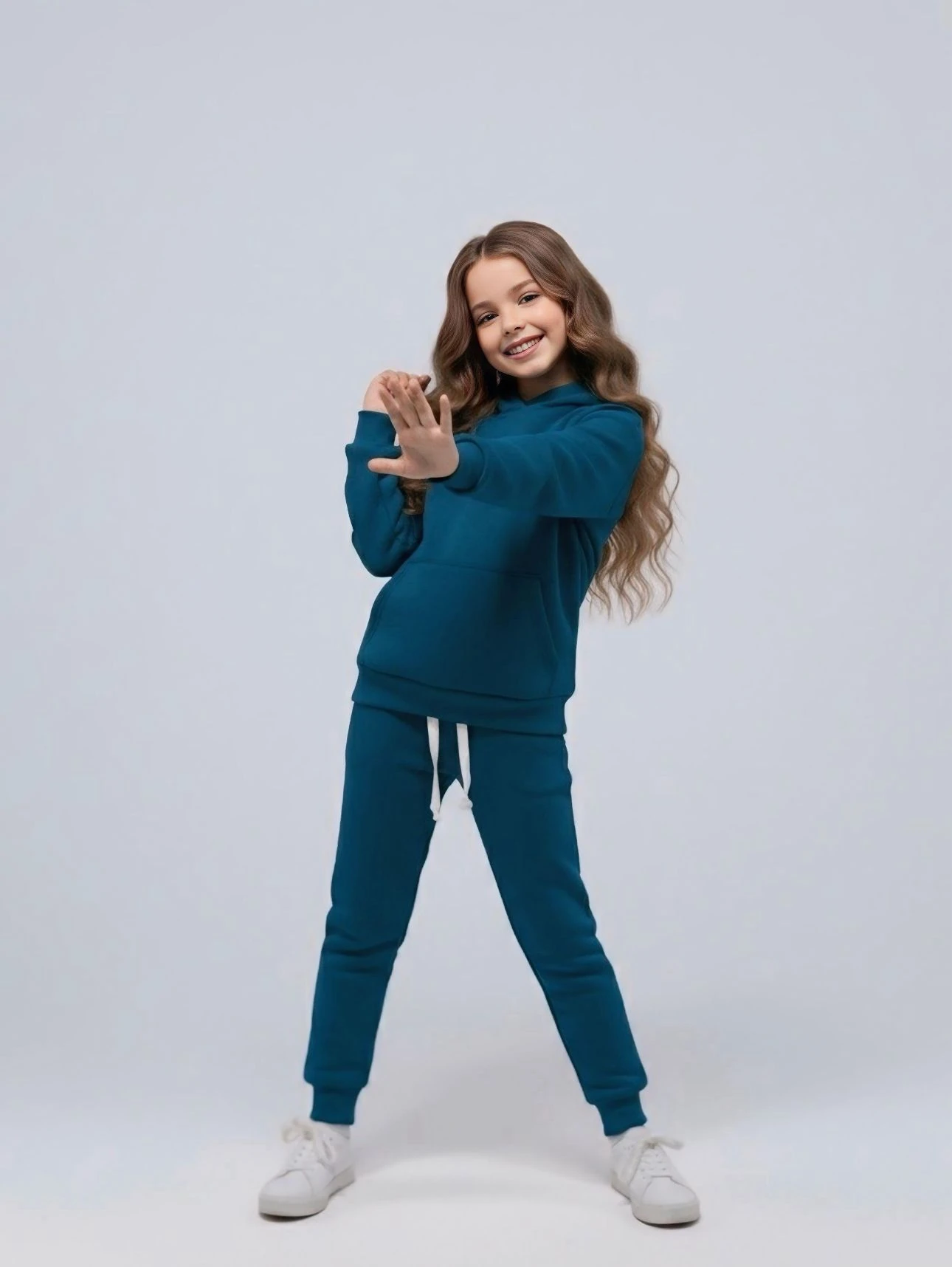 KIZ ÇOCUK KANGRU CEPLİ KAPİŞONLU TAKIM - PETROL MAVİ