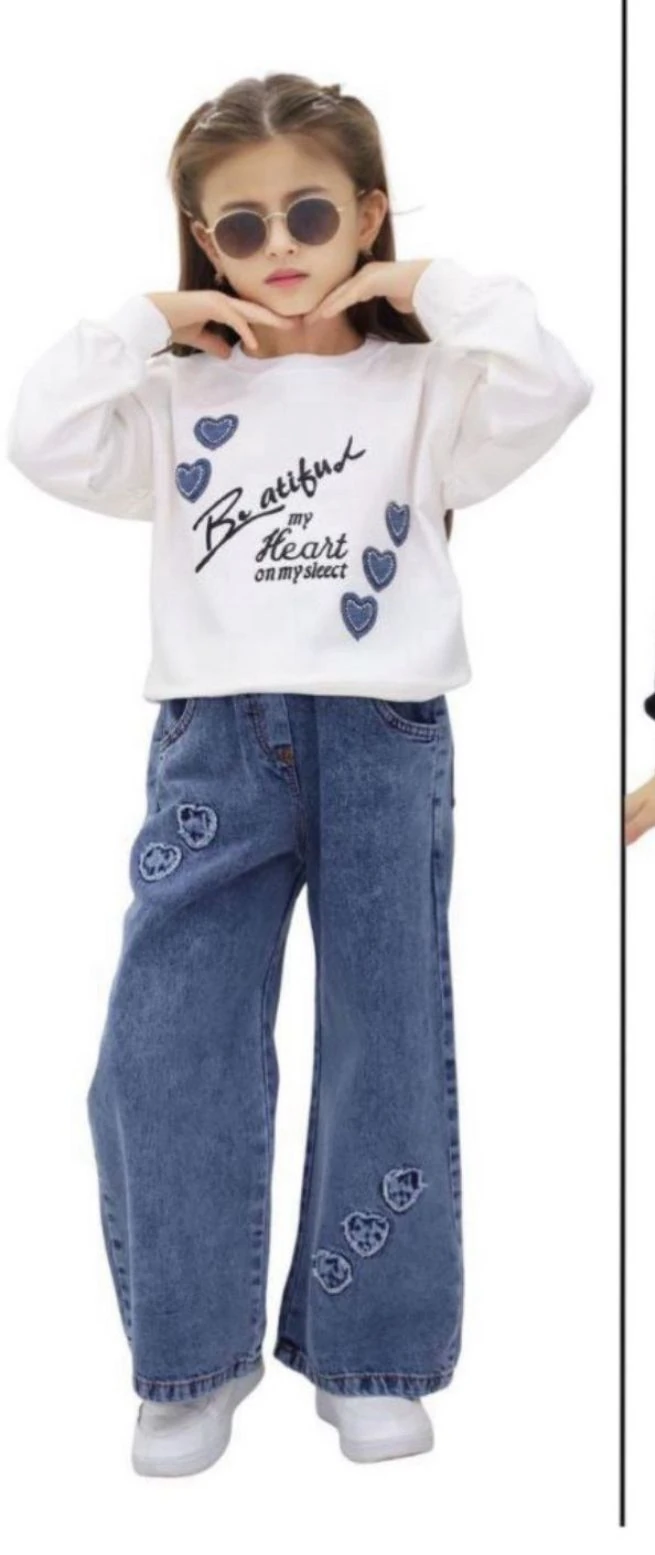 KIZ ÇOCUK BEATİFUL HEART  BASKILI BLUZ&KOT PANTALON TAKIM - BEYAZ