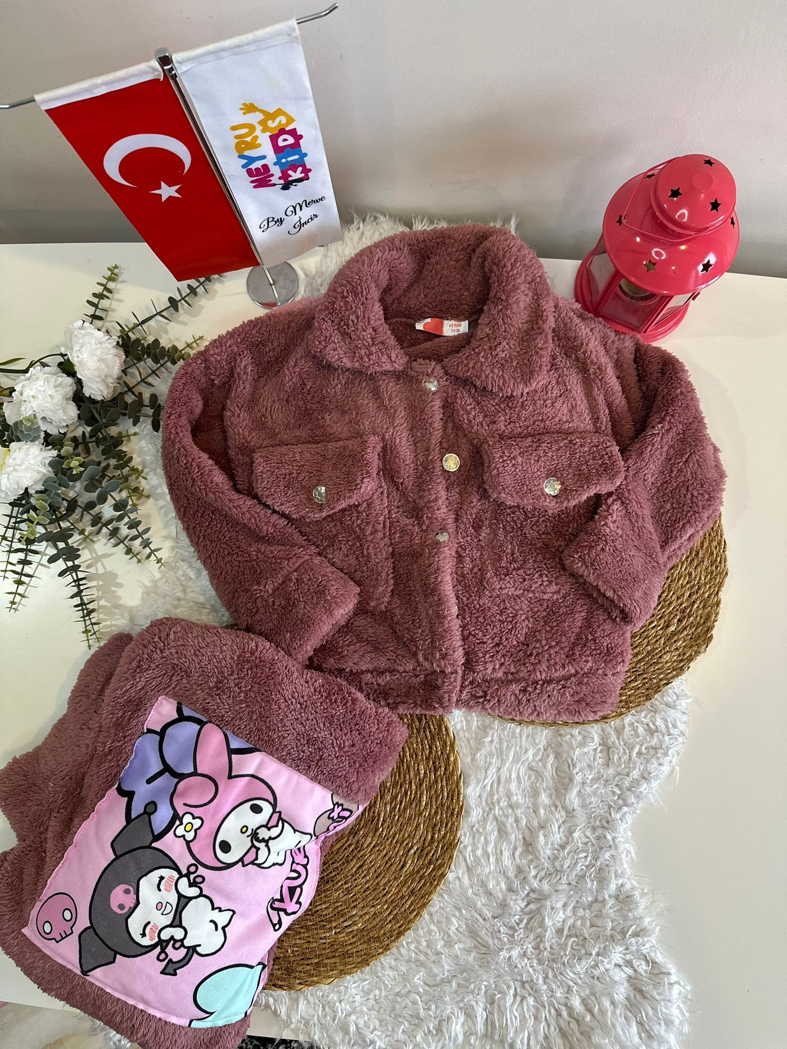 KIZ ÇOCUK KROMİ BASKILI PELUŞ CEKET - GÜL KURUSU