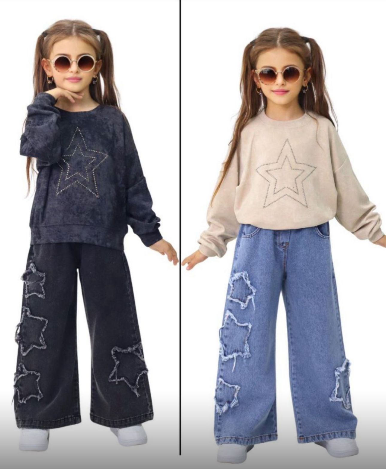 KIZ ÇOCUK YILDIZLI KOT PANTOLON& BLUZ 2Lİ TAKIM