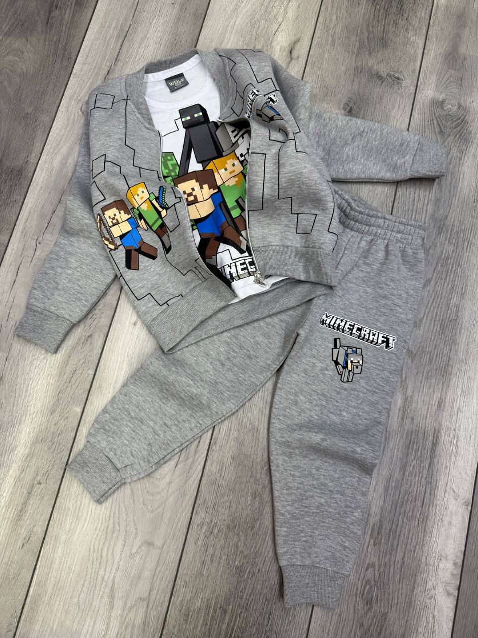 ERKEK ÇOCUK KIŞLIK MİNECRAFT 3LÜ SET (UZUN KOLLU BADİ+ALT+ÜSTCEKET ) - GRİ