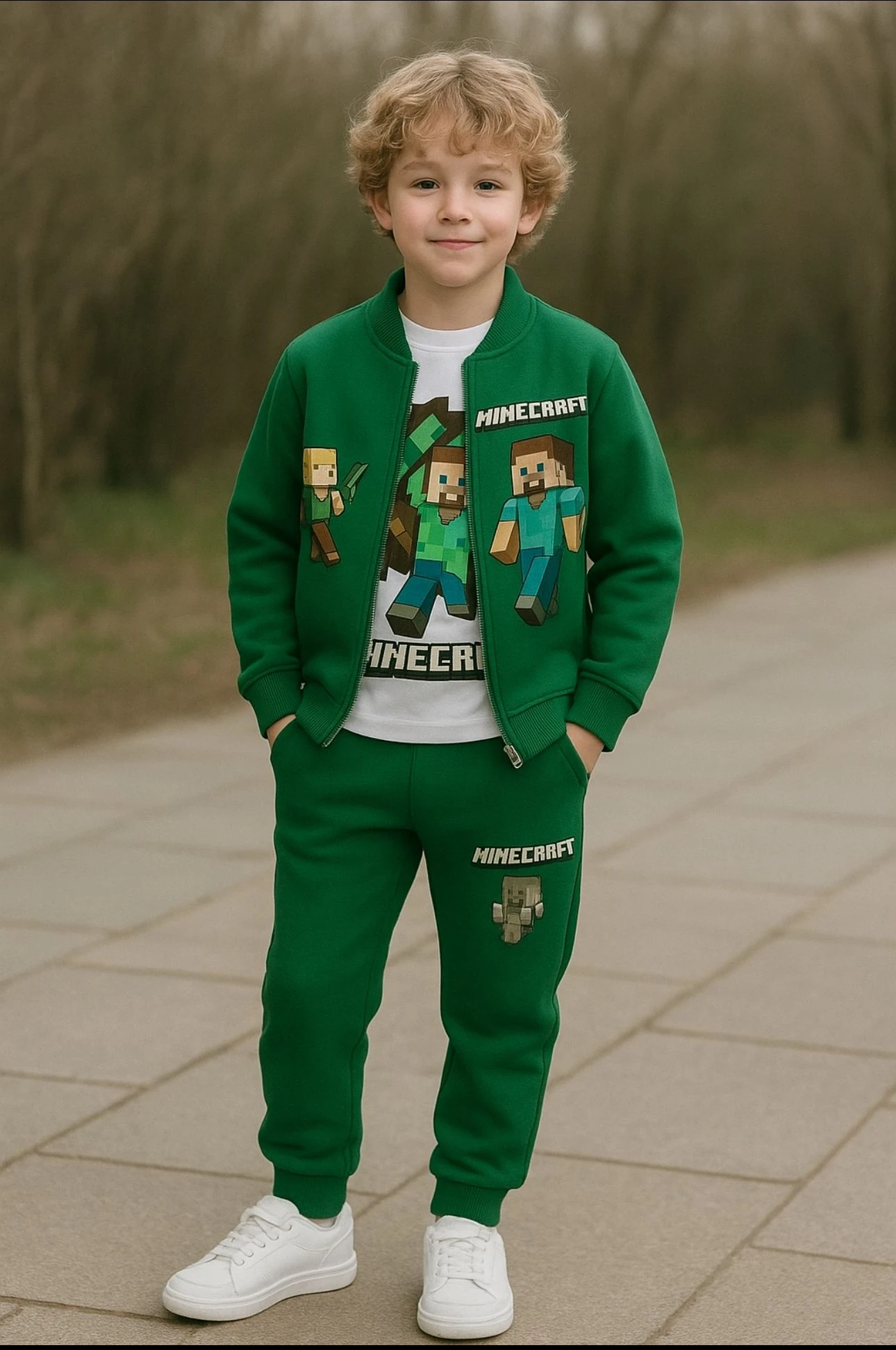 ERKEK ÇOCUK KIŞLIK MİNECRAFT 3LÜ SET (UZUN KOLLU BADİ+ALT+ÜSTCEKET ) - yeşil