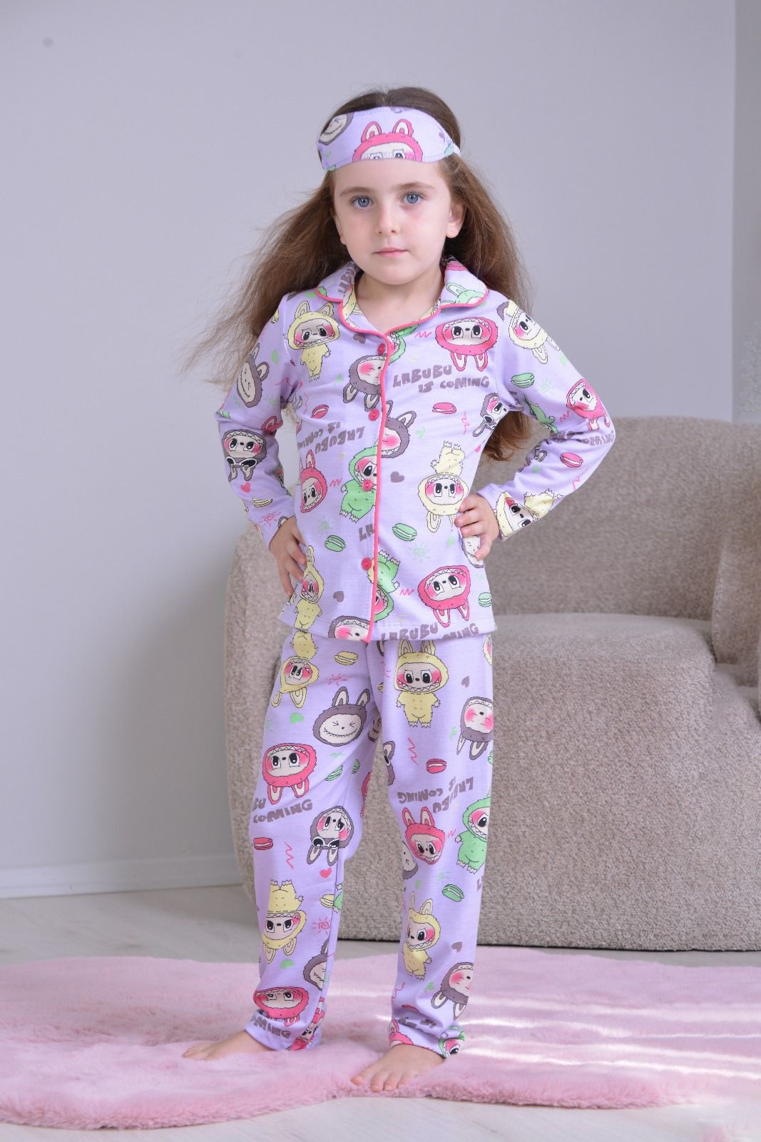 KIZ ÇOCUK  LABUBU 3LÜ PİJAMA TAKIMI - lila