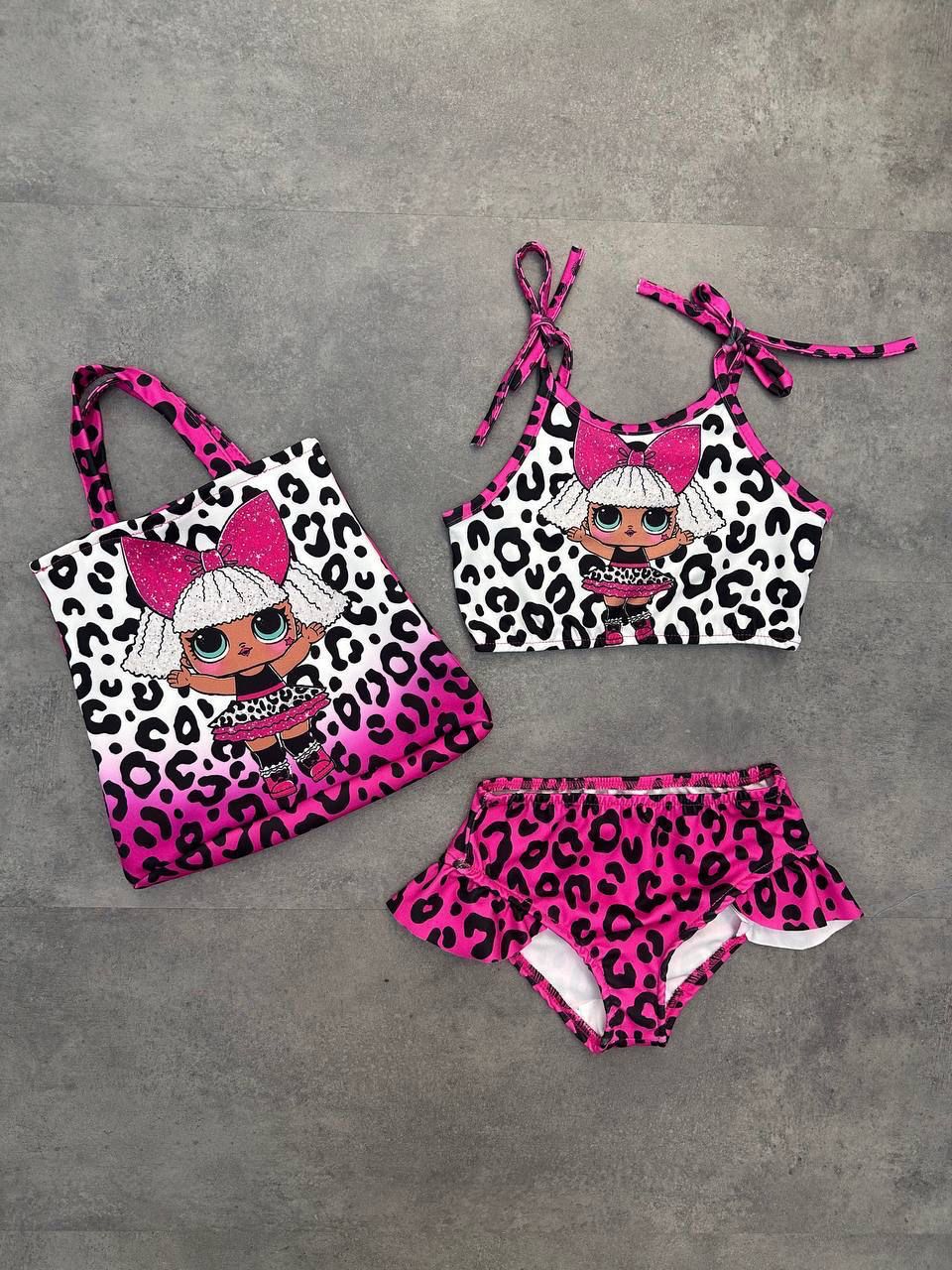 KIZ ÇOCUK FUŞYA LOL BEBEK LEOPAR ÇANTALI BİKİNİ 