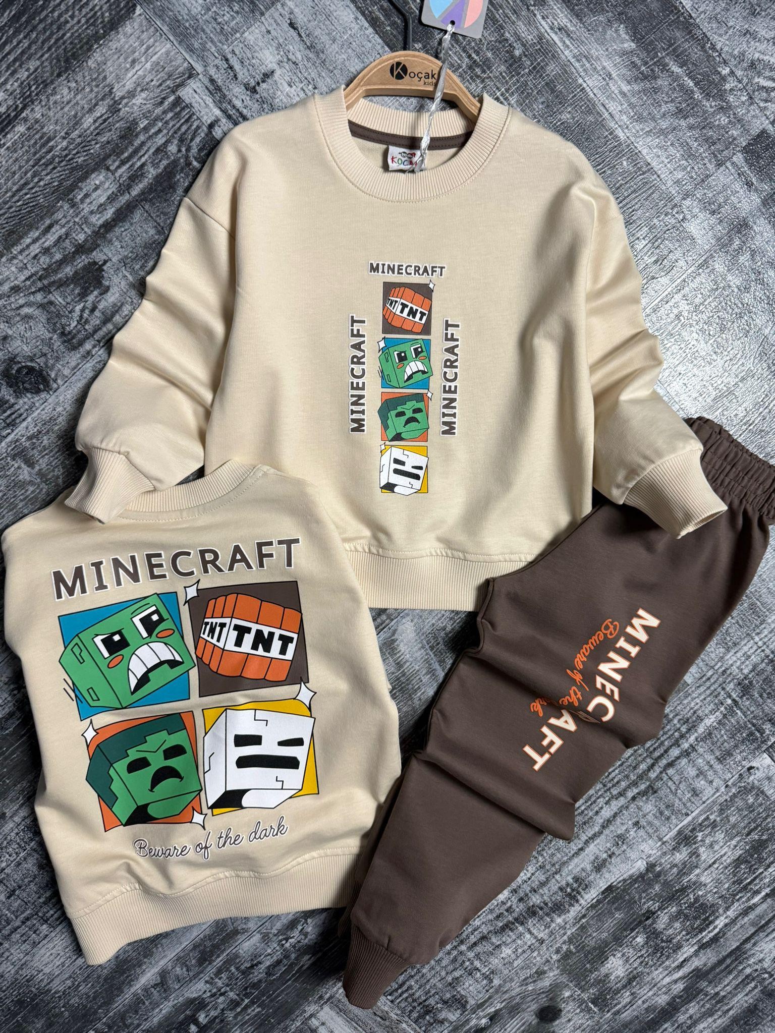ERKEK ÇOCUK MİNECRAFT ARKASI BASKILI  TAKIM  - KAHVE