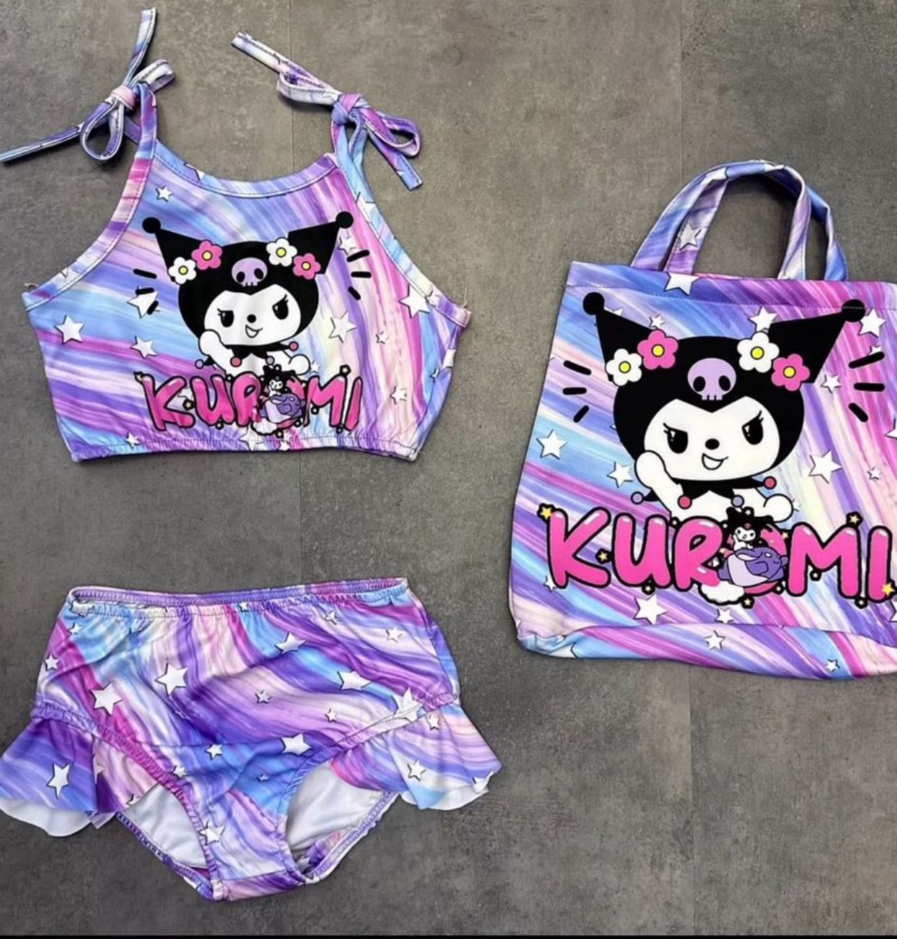 KIZ ÇOCUK LİLA YILDIZLI KUROMİ ÇANTALI BİKİNİ 